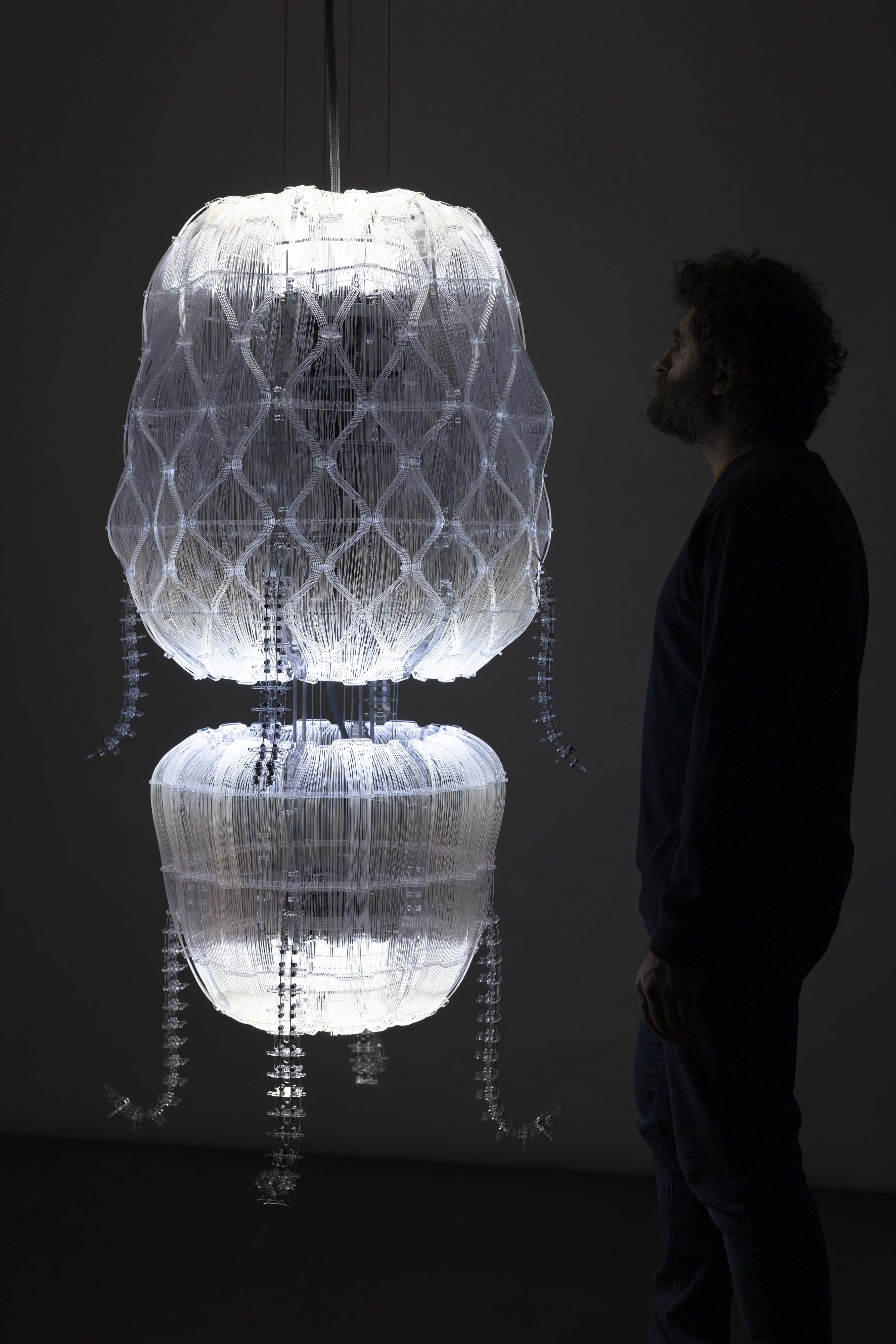 <p>Anicka Yi, <em>Floating Points</em>, 2025, plastic optical fibre, LEDs, silicone, acrylic, epoxy, aluminium, stainless steel, steel, brass, motors and microcontrollers, 137.2 × 83.8 cm diam, © Anicka Yi / Artists Rights Society (ARS), New York, courtesy of the artist, Gladstone Gallery, and Esther Schipper, photograph: Andrea Rosetti</p>