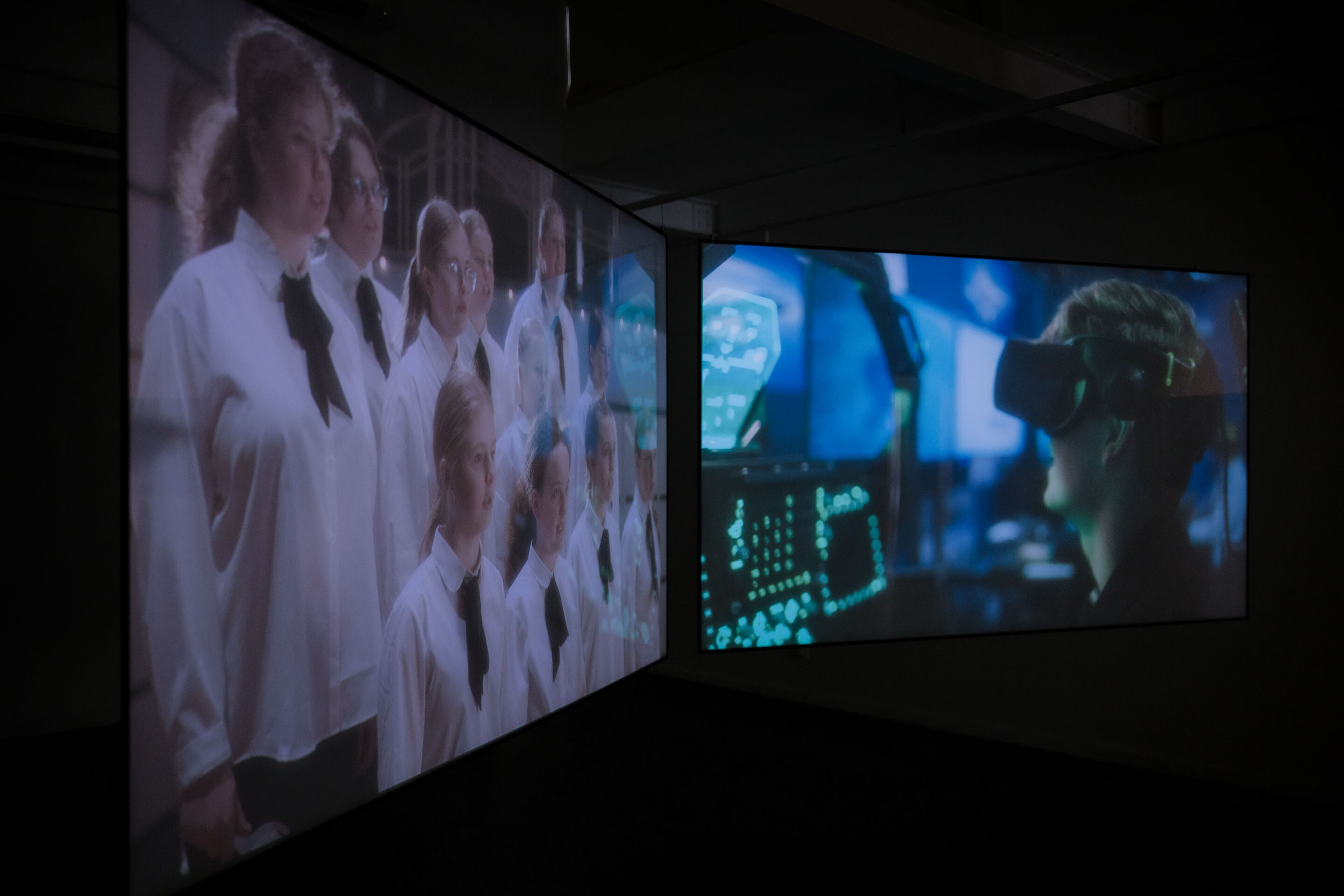 <p>HIBALL, installation view: <em>Composition for Mnemosyne</em>, 2024. Two-channel 2k video, stereo sound, 7:24 min. Photo: Ben Adams. Courtesy the artists.</p>