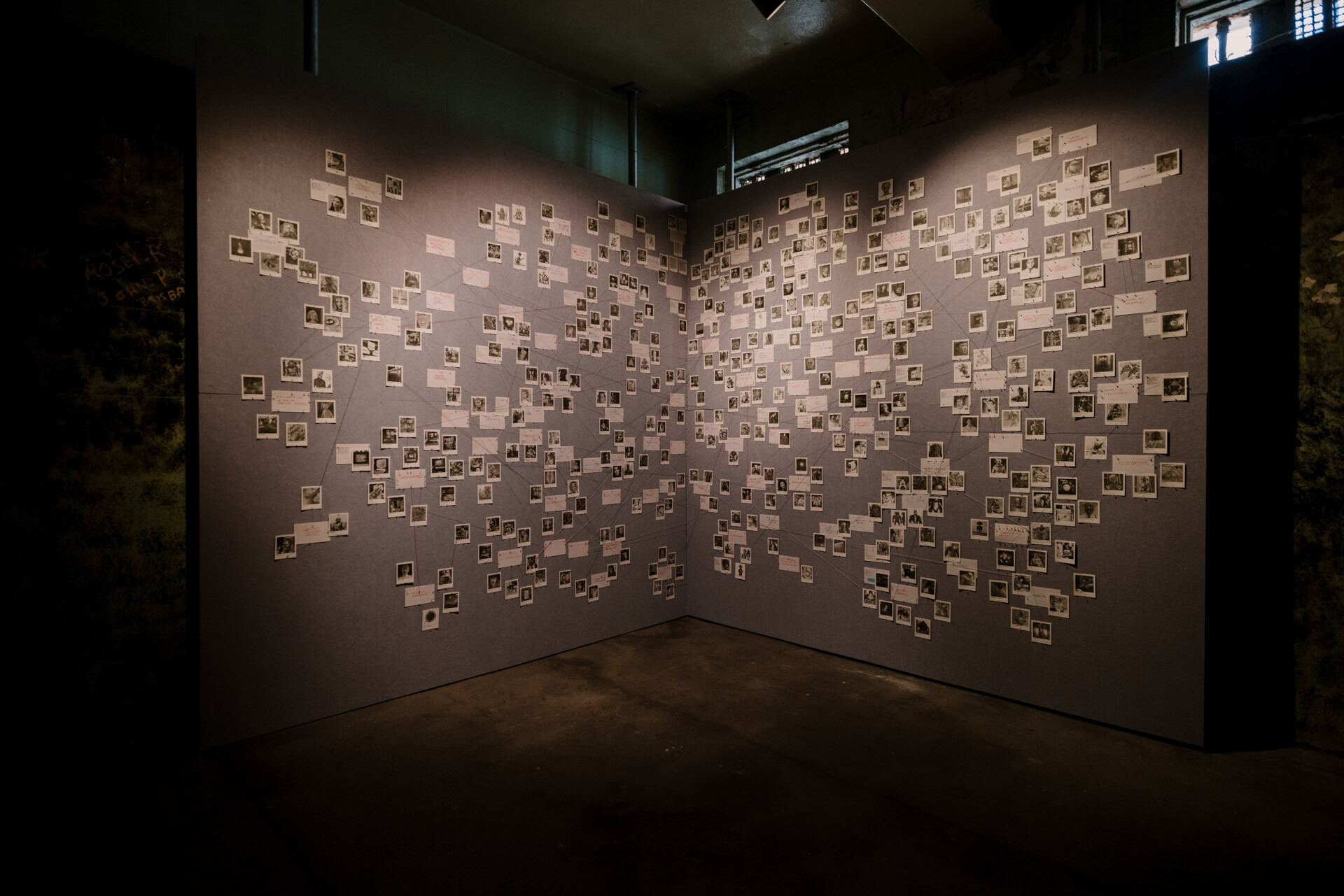 <p>Roy Ananda, <em>Evidence wall</em>, 2023. Digital prints and ink on paper, thread, pins, acoustic pinboard, dimensions variable. Photo: Ben Adams. Courtesy the artist and Artlink</p>