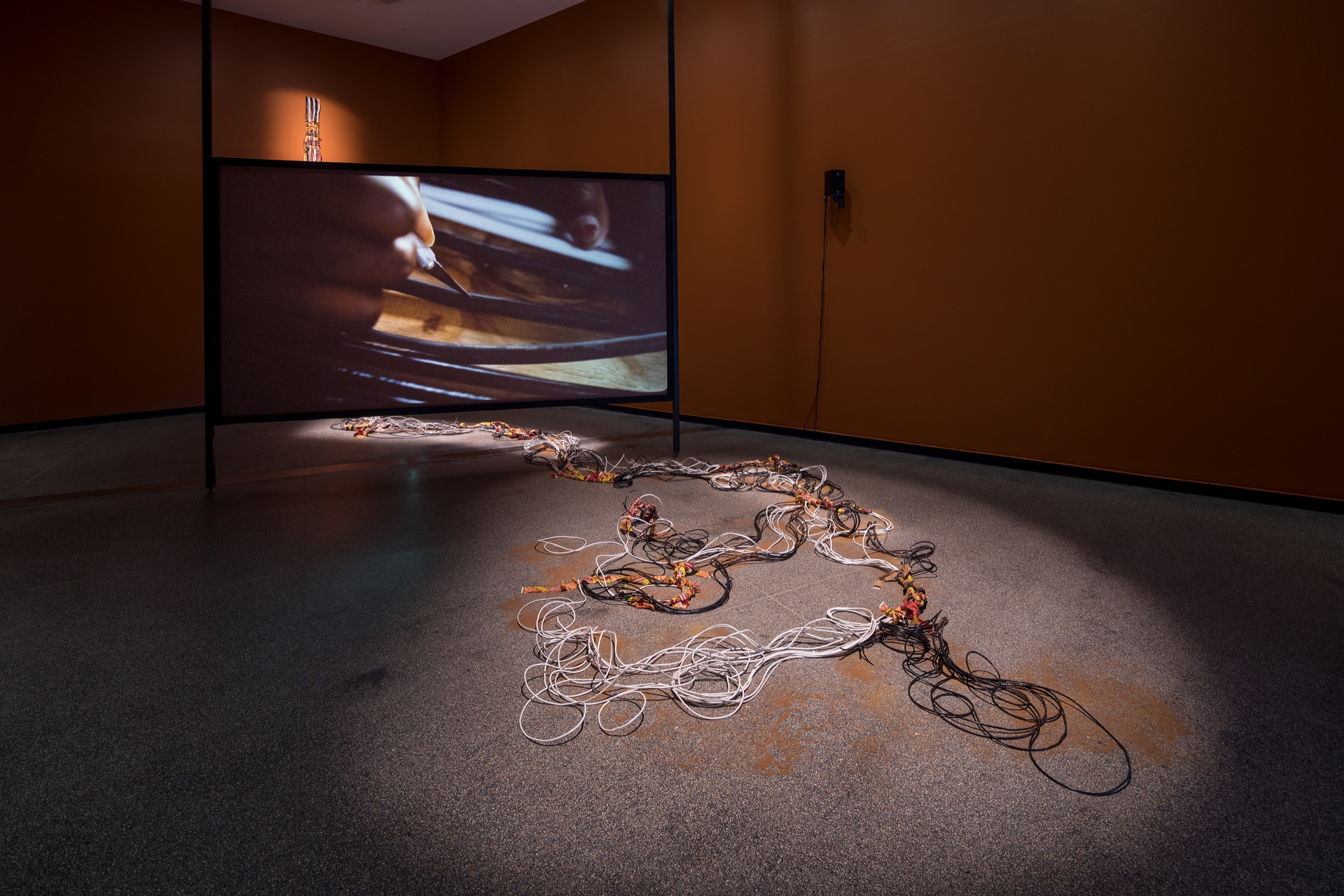 Mimi Ọnụọha, <em>These Networks in Our Skins</em> 2021, installation view, Australian Centre for Contemporary Art, Melbourne. Courtesy the artist. Photograph: Andrew Curtis