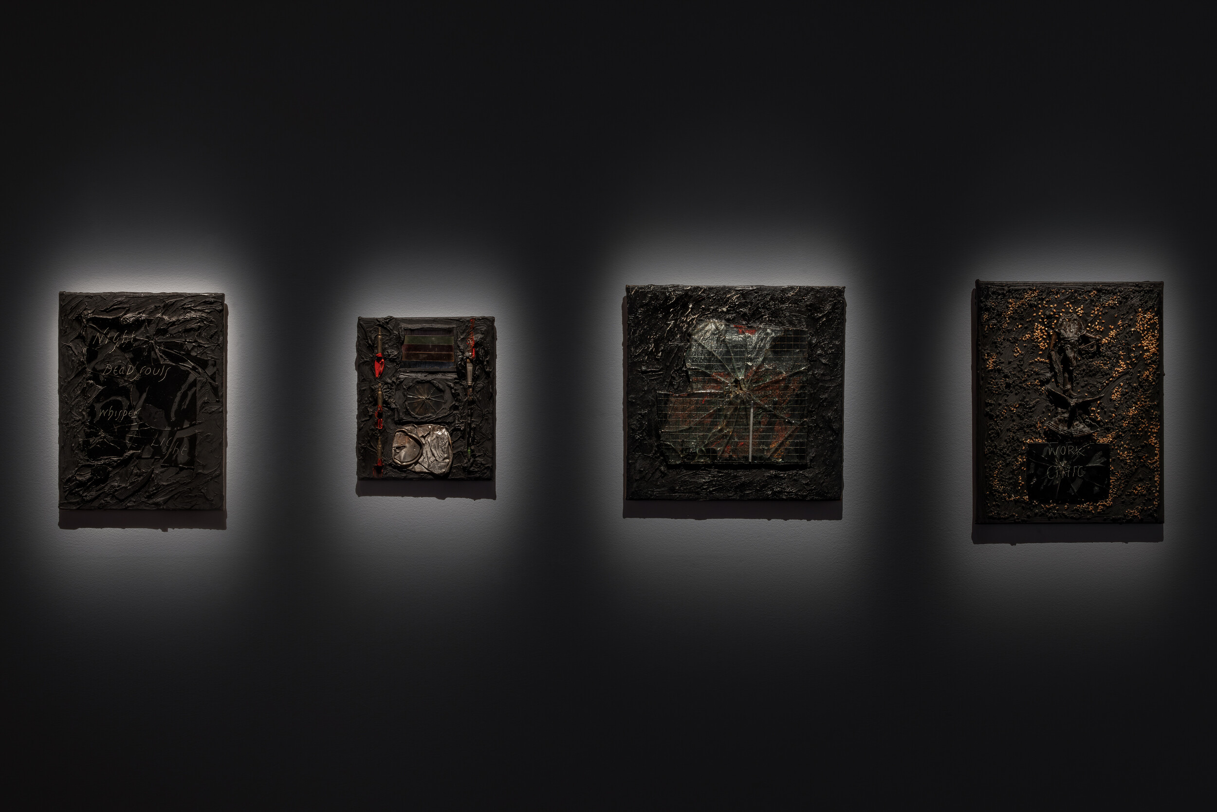 <p>Installation view of Derek Jarman, <em>Pinxit</em>, 1987, oil and mixed media on canvas, <em>Untitled (Wired Glass/Thermometer)</em>,<em> </em>1990, oil on mixed media and canvas, <em>They’ve Done It In</em>, 1987, oil on mixed media and canvas, and <em>The Dead Sea 11</em>, 1986, oil on mixed media and canvas. Photo: Jacquie Manning</p>