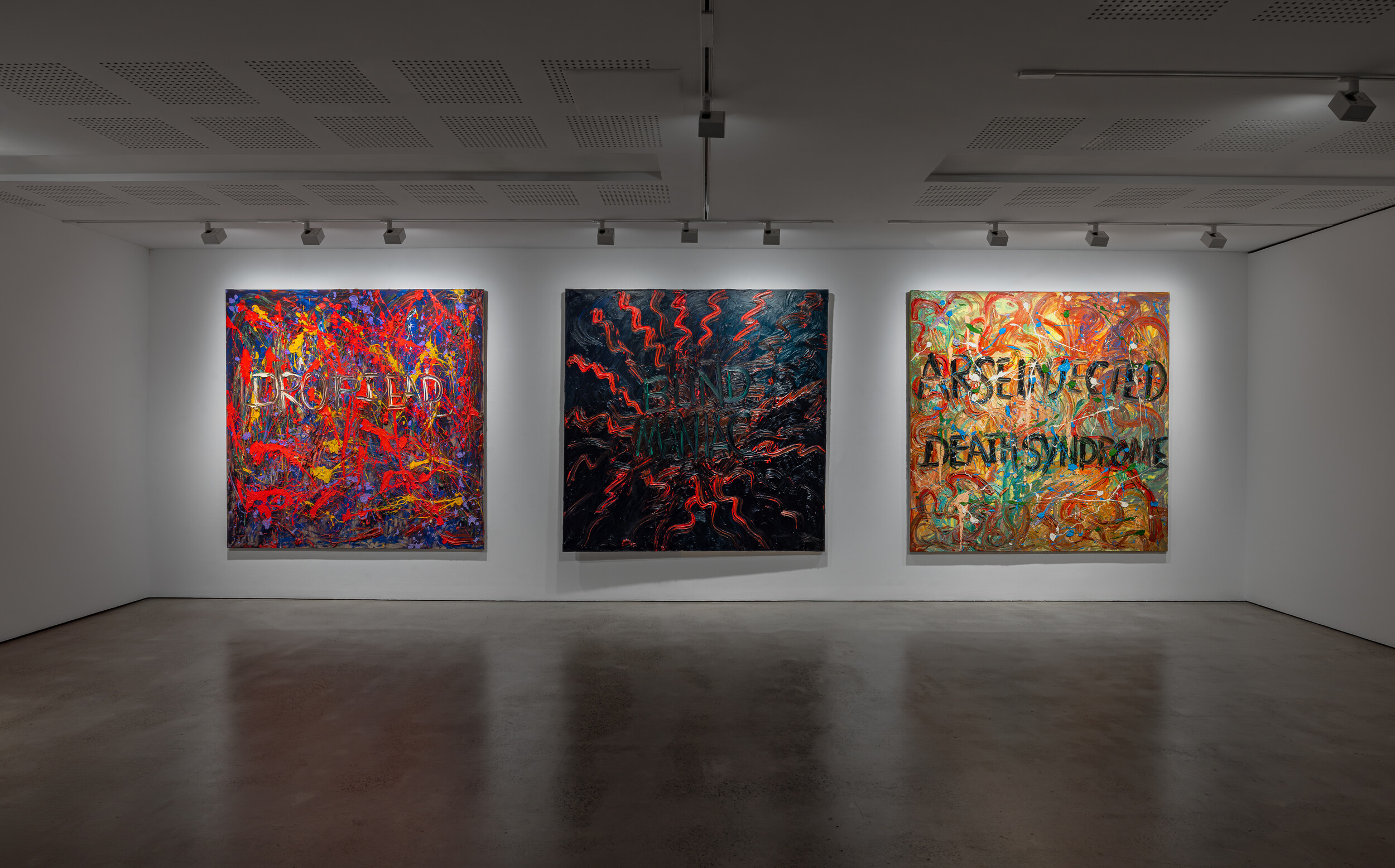 <p>Installation view of<strong> </strong>Derek Jarman, <em>Drop Dead</em>, 1993, oil on canvas, <em>Blind Maniac</em>, 1992, oil on canvas, and <em>Arse Injected Death Syndrome</em>, 1993, oil on canvas. Photo: Jacquie Manning</p>