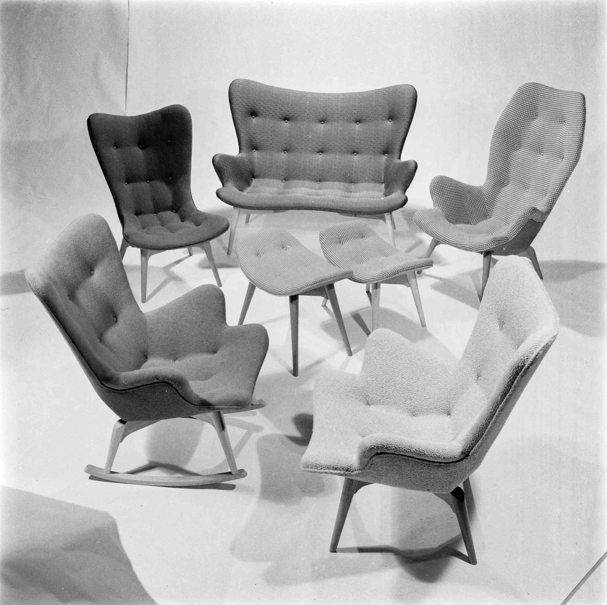 Family of Contour Chairs (clockwise from top): RS161, W180, R160, Rocking Chair, R152, DS200, and S200 Stools 1952. Featherston Archive, National Gallery of Victoria.