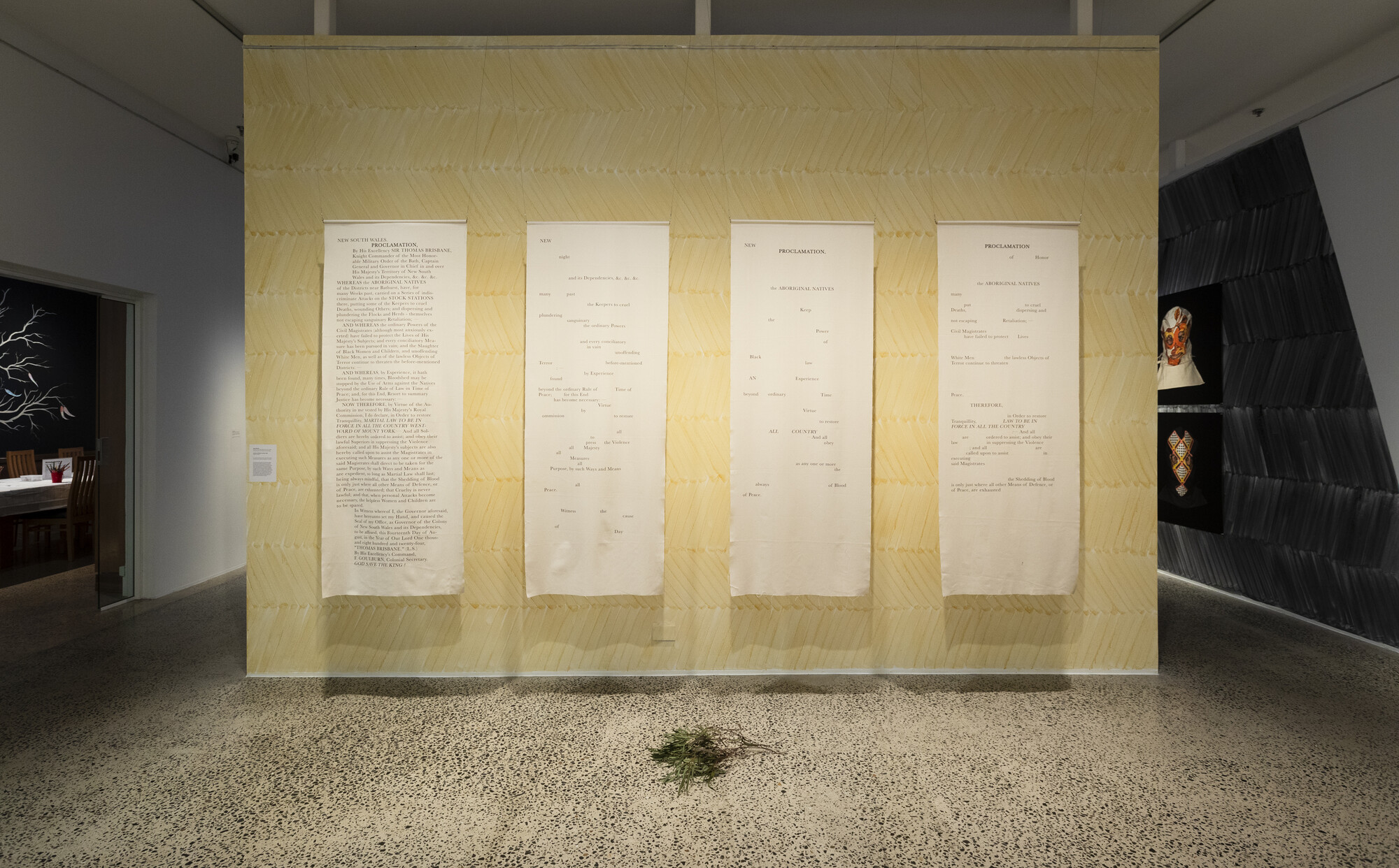 <p>Installation view, <em>Dhuluny: the war that never ended</em>, Bathurst Regional Art Gallery, 6 July – 8 September 2024, featuring Jazz Money, <em>remains of context</em>, 2024, inkjet on calico. Courtesy the artist and The Commercial Gallery. Commission by Bathurst Regional Art Gallery. Photo: Silversalt Photography</p>