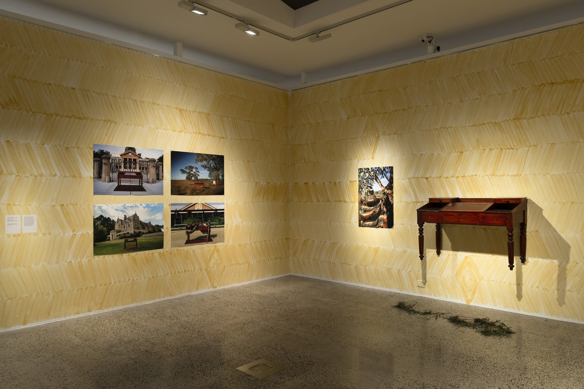 <p><em>Dhuluny: the war that never ended</em>, Bathurst Regional Art Gallery, 6 July – 8 September 2024, featuring Wirribee Leanna Carr, <em>Bangayadilinya</em>, 2024, digital prints on Ilford paper, Red cedar clerk’s desk from the Museum Collection of Bathurst District Historical Society. Photo: Silversalt Photography.</p>
