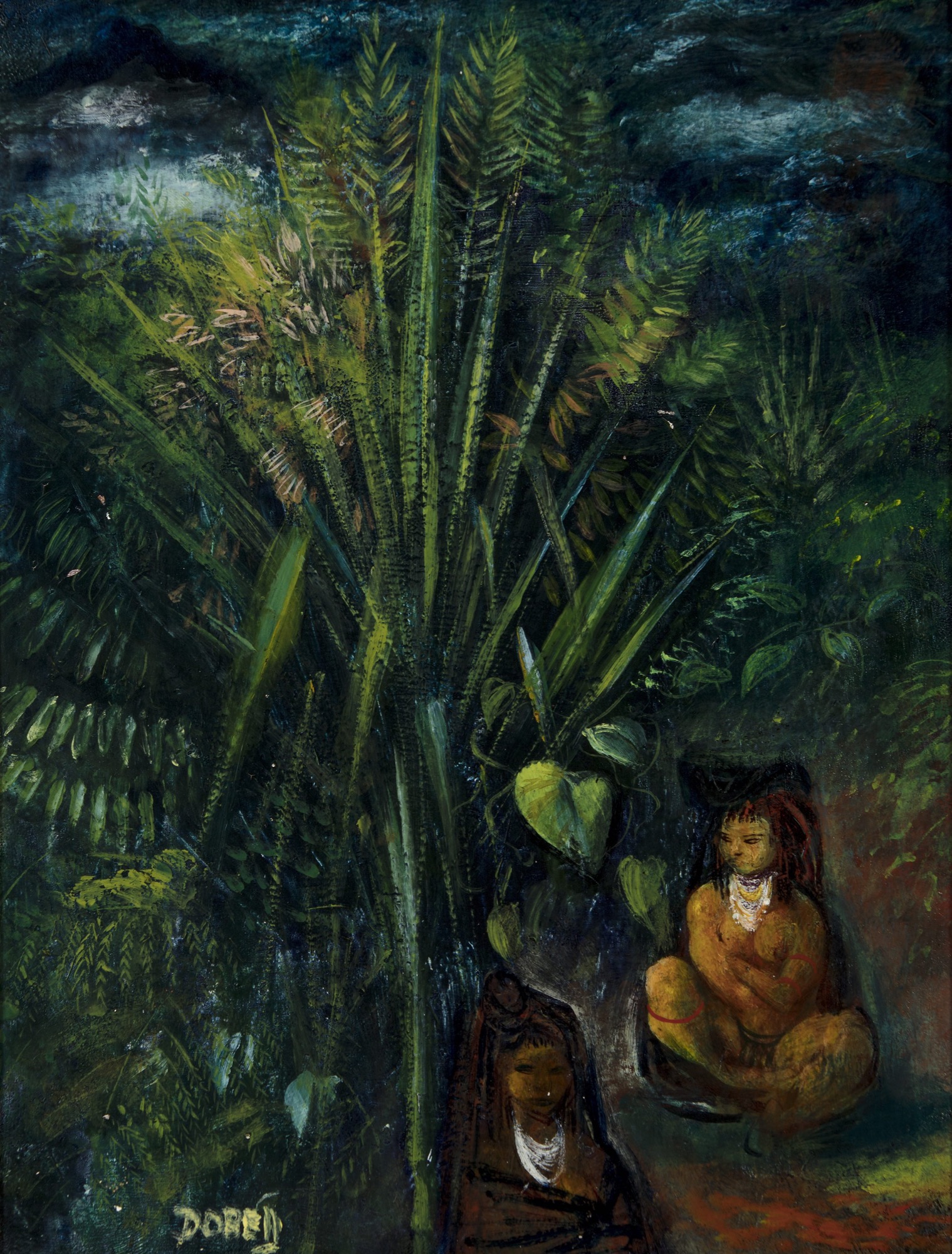 William Dobell, <em>Two women in the jungle</em>, c.1952, oil on hardboard, 24.4 x 18.6 cm, Private collection © Sir William Dobell Art Foundation