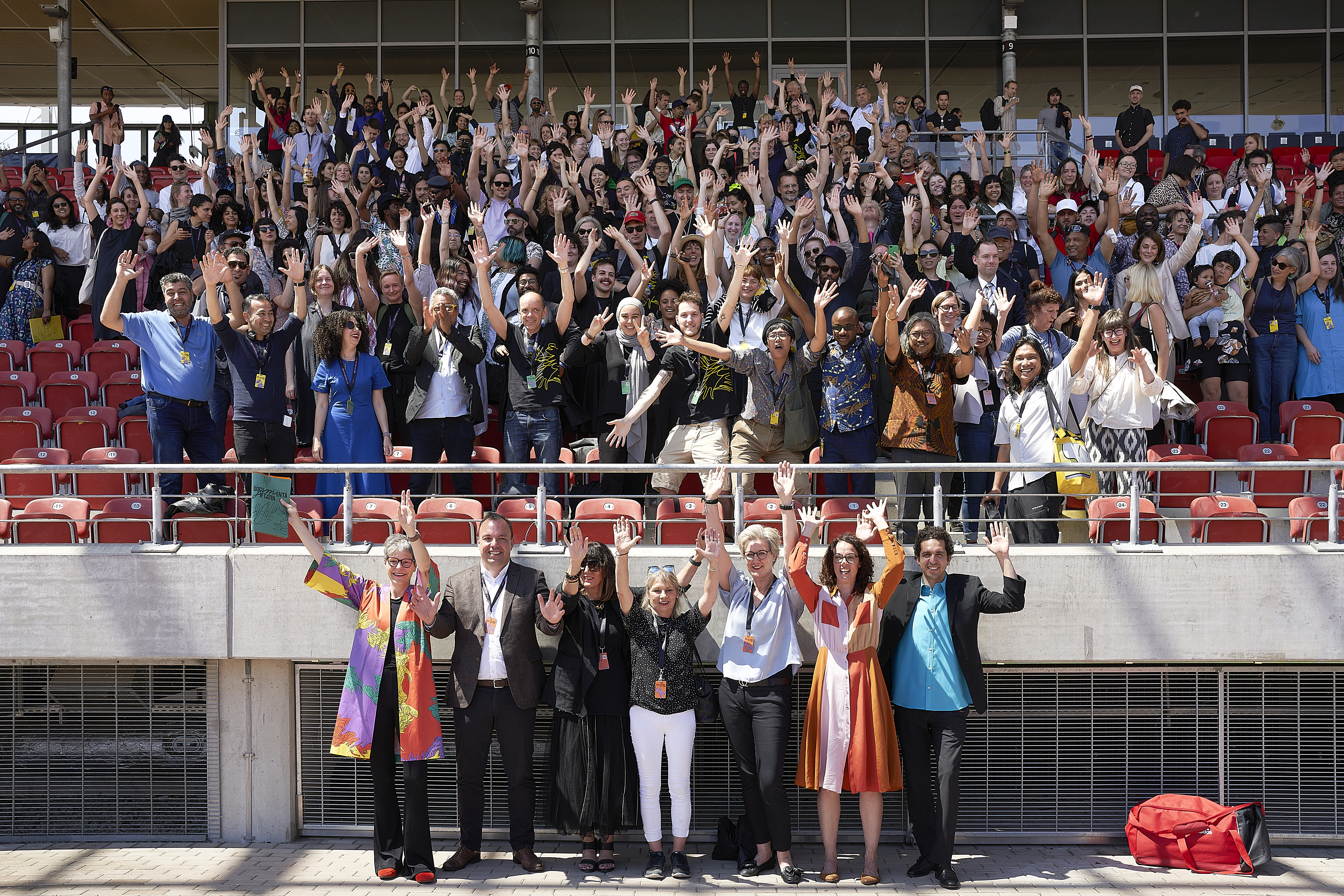 documenta fifteen: group picture at the press conference of documenta fifteen, Auestadion, Kassel, June 15, 2022, photo: Nicolas Wefers