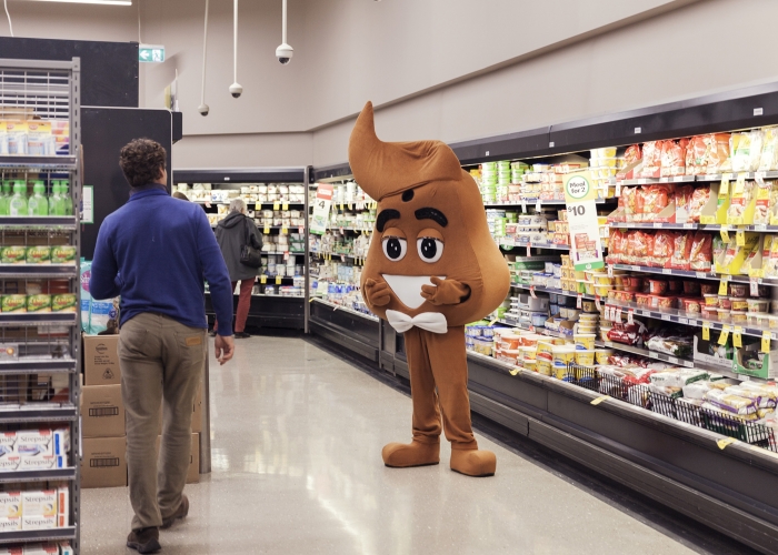 David Attwood, <em>Human Shit</em>, 2018, Performing Mascot, duration variable. Photo: Jacqui Shelton