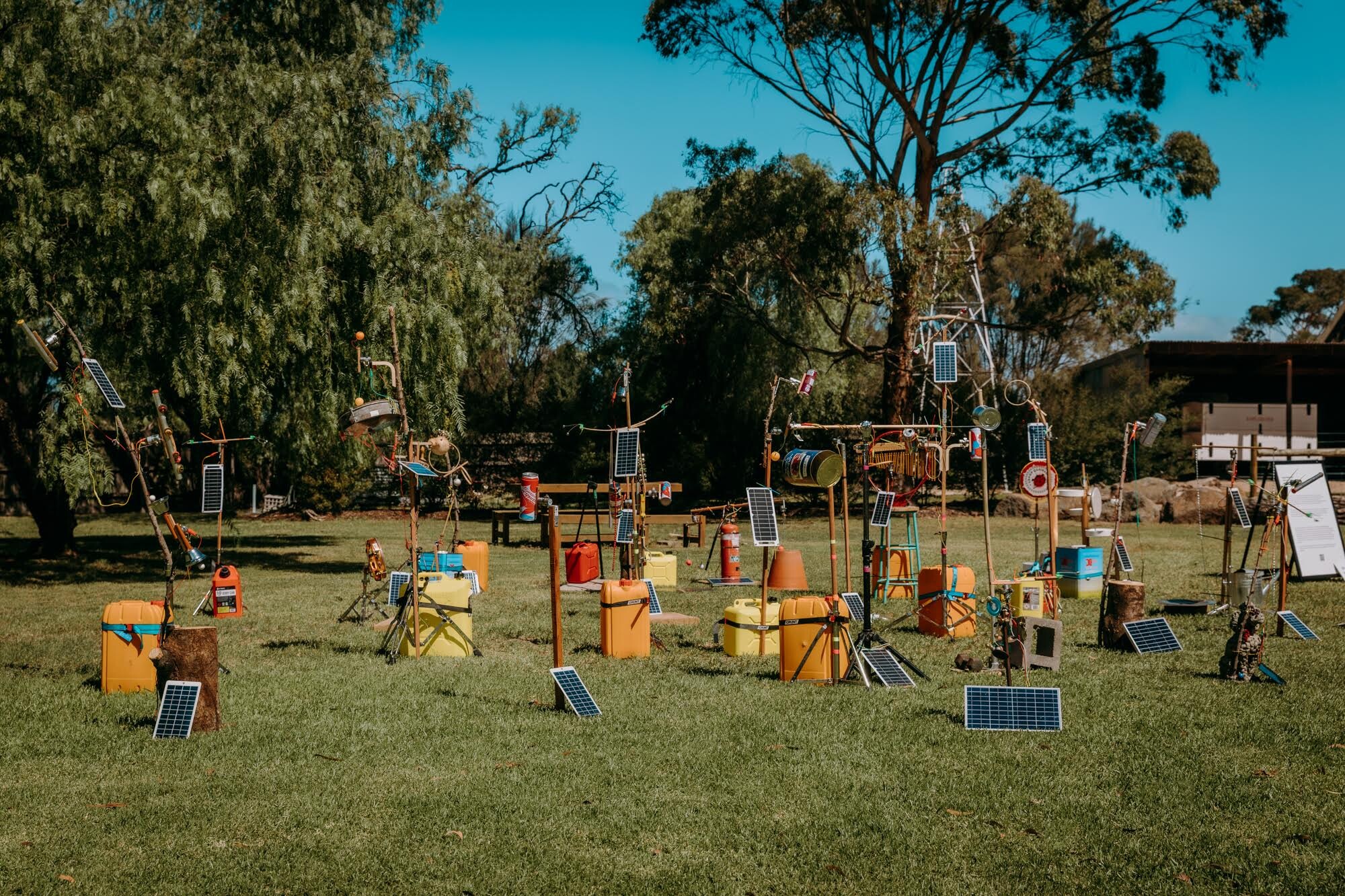 <p>Dylan Martorell, Sonic Solar Field, 2026, solar panels, motors and found materials. Photo: Matto Lucas.</p>