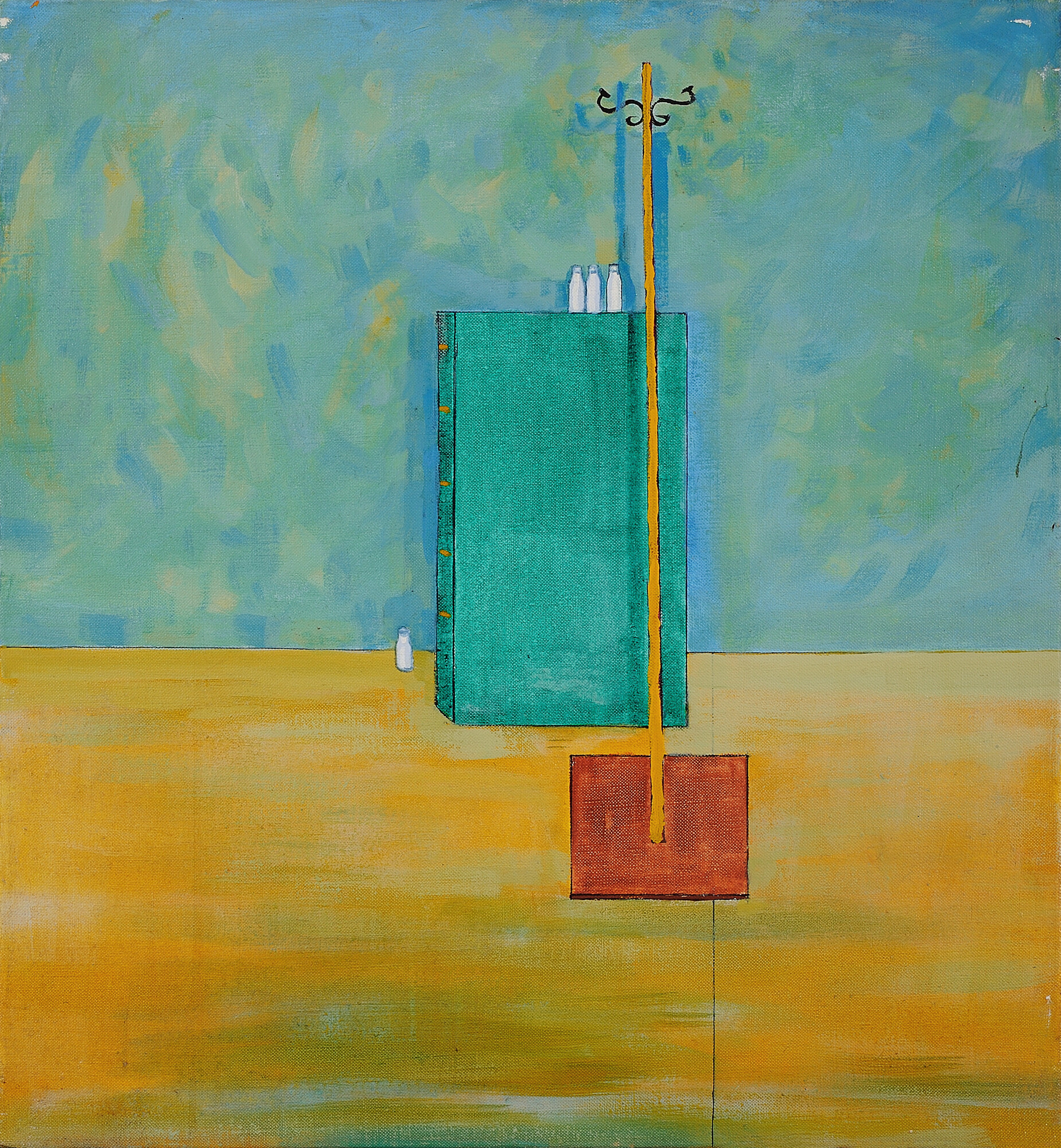Edwin Tanner, <em>not titled (Study for The Public Servant - office interior with milk bottles)</em>, c.1963, oil on canvas, 66.0 x 61.0 cm. Courtesy Charles Nodrum Gallery.