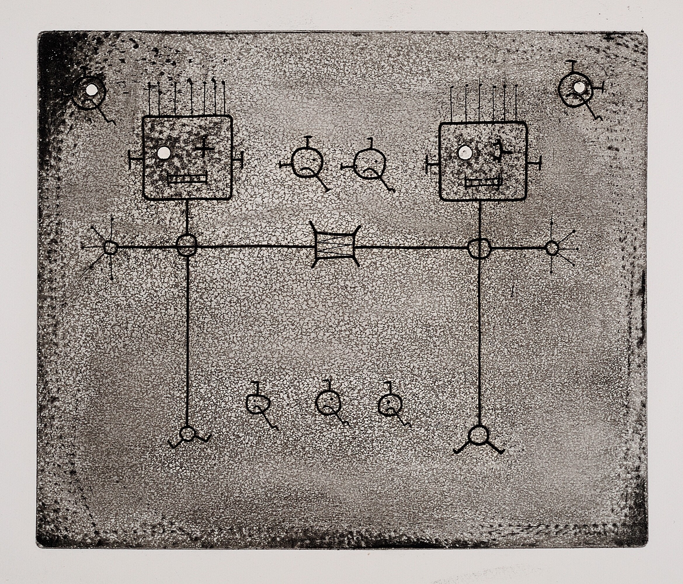 Edwin Tanner, <em>(Untitled - Two winking figures)</em>, c. 1960<em>,</em> etching on paper, edition unspecified, 15.5 x 17.5 cm. Courtesy Charles Nodrum Gallery.