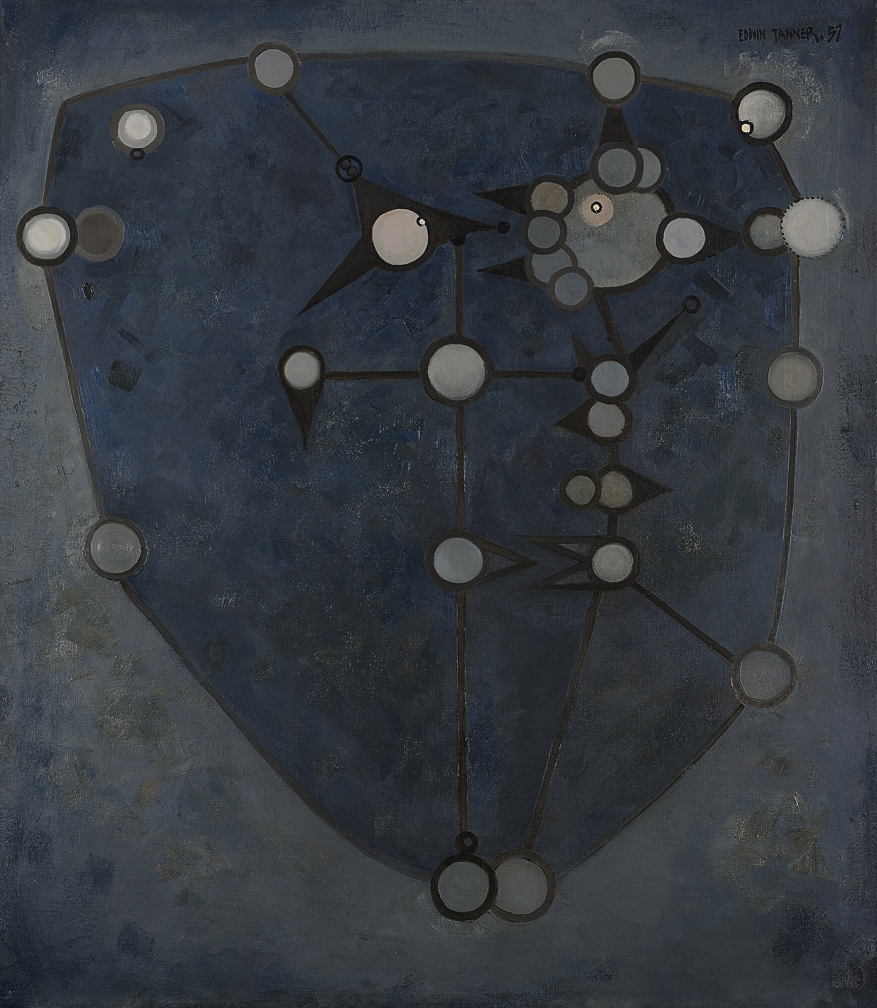 Edwin Tanner, <em>Space Station Zebra</em>, 1957, oil on canvas, 108.50x 94.5 cm. Courtesy Charles Nodrum Gallery.
