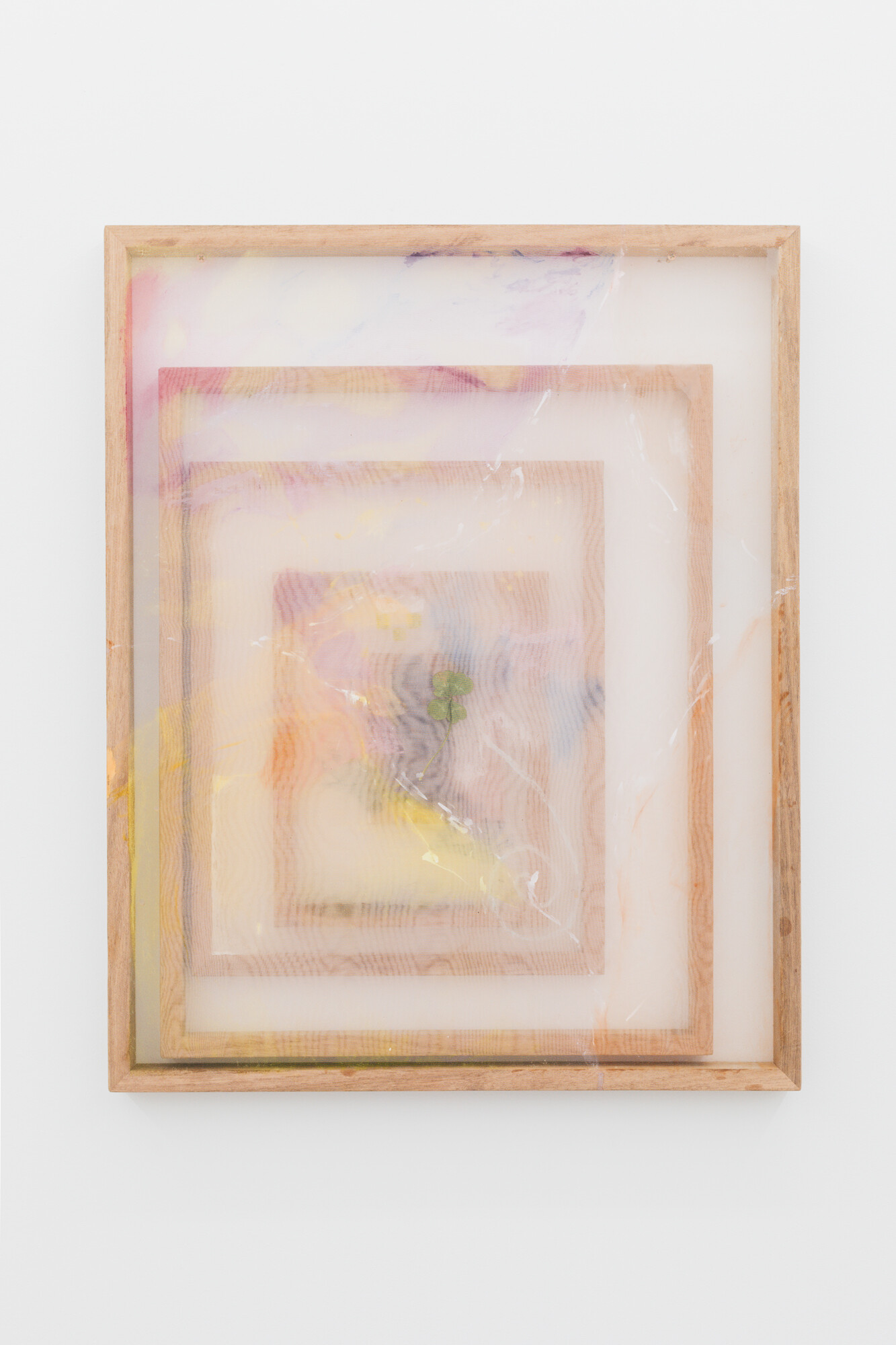 <p>Jemi Gale and Naoise Halloran-Mackay, <em>best people, </em>2024, oil paint, nail polish, shamrock, collage, organza, handmade wooden frames, 76 x 61 cm, photograph: Lauren Dunn. </p>