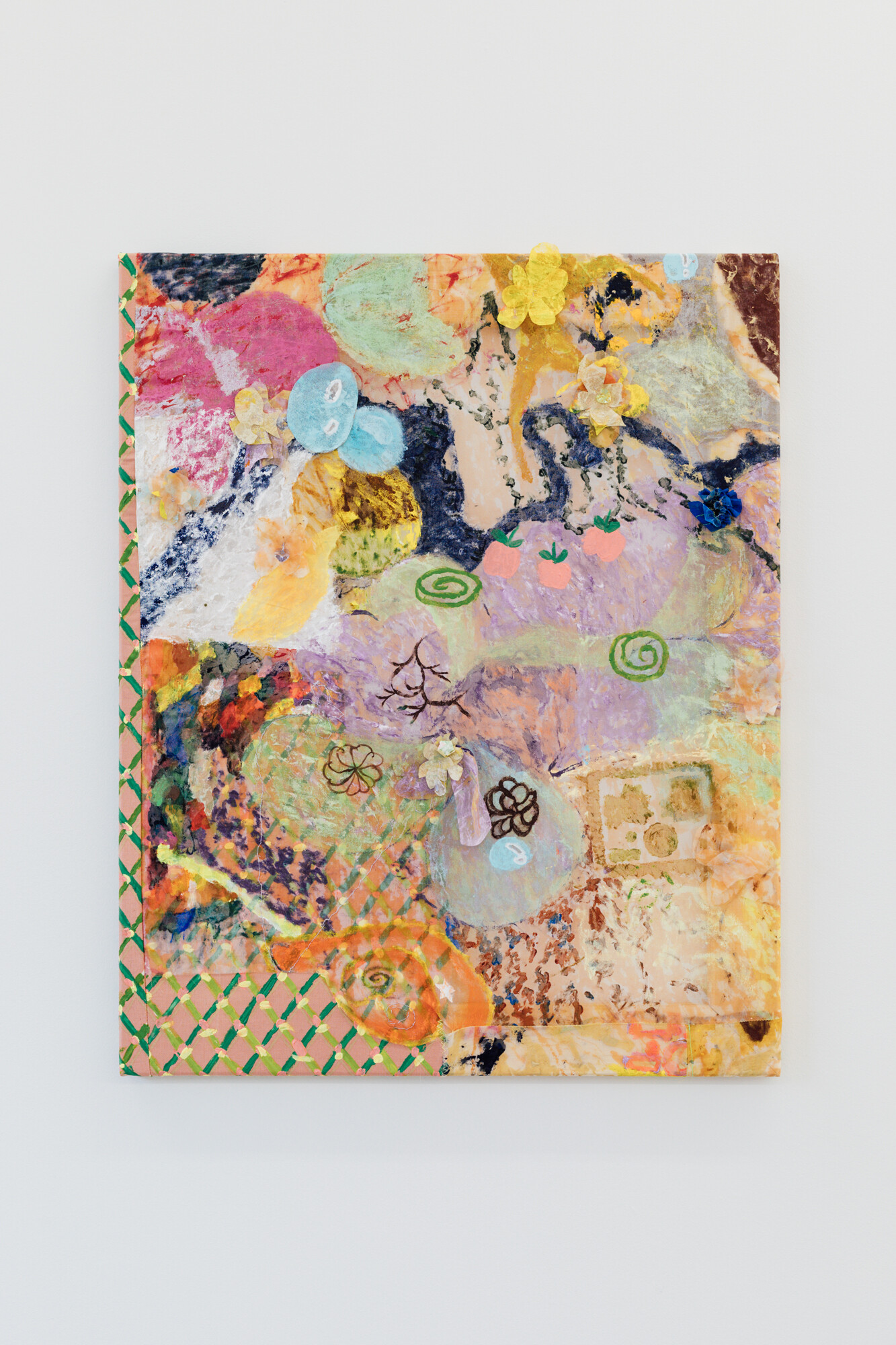 <p>Jemi Gale and Jess Tan, <em>tiny sprinkles of emotion, </em>2024, acrylic paint, oil paint, cotton scraps, holographic beads, cotton thread, paper star, coloured pencil, silk, 76 x 61 cm, photograph: Lauren Dunn. </p>