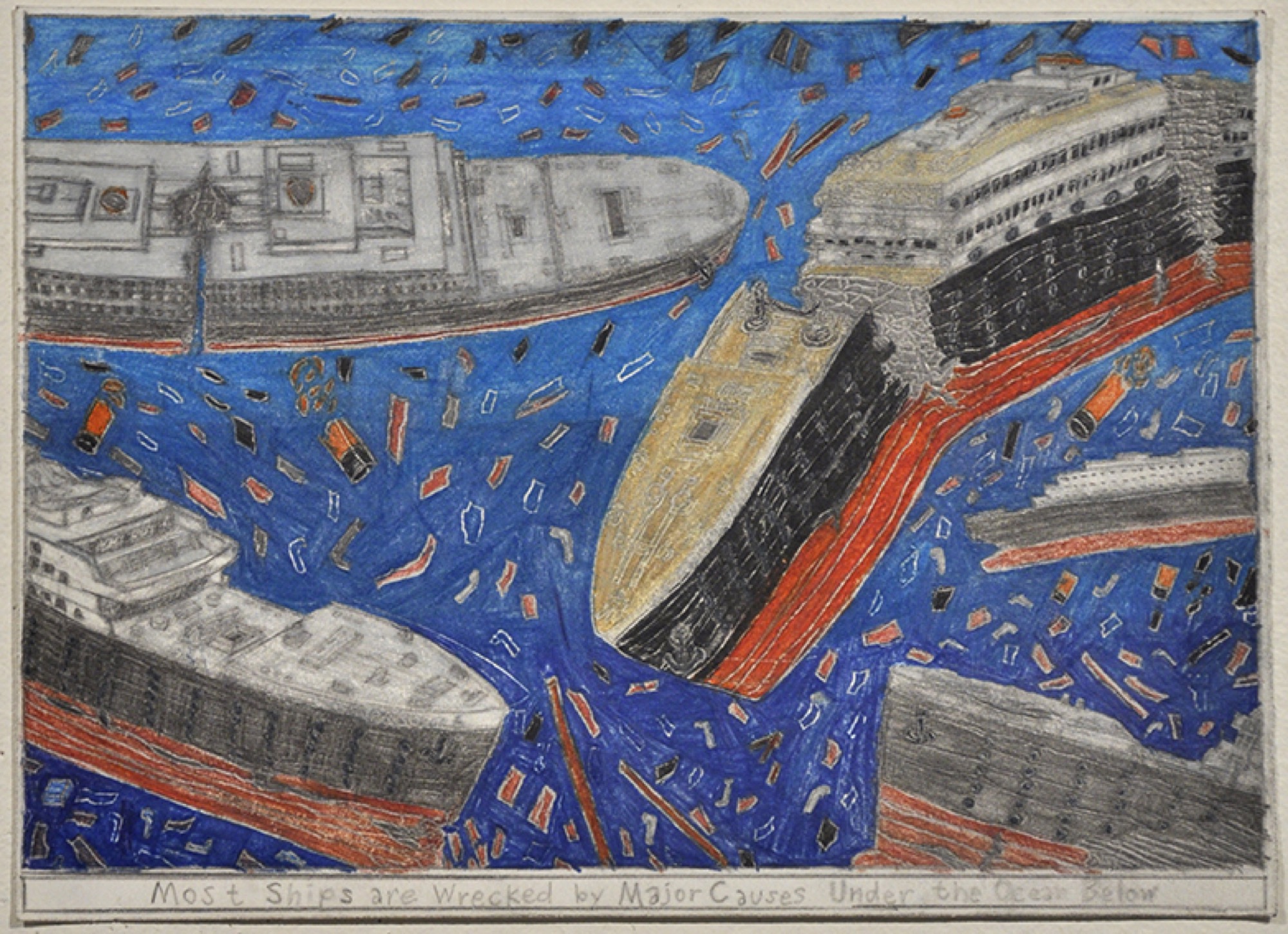 Samraing Chea, <em>Most Ships are Wrecked by Major Causes Under the Ocean Below</em>, 2013, pencil on paper, 28 × 38 cm. Private collection. Photo: Andrew Curtis.