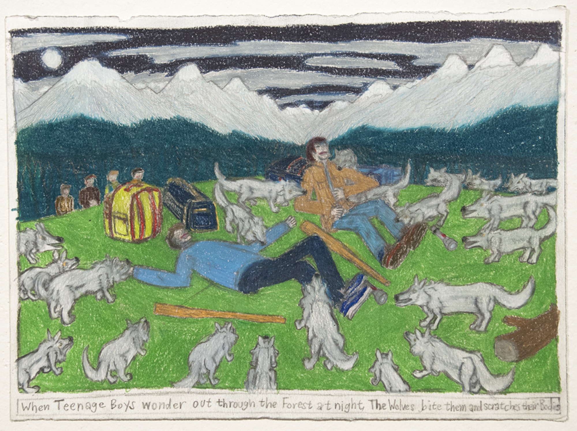 Samraing Chea, <em>When Teenage Boys wonder out through the forest at night, The Wolves bite them and scratch their Bodies</em>, 2017, pencil on paper, 25.5 × 35 cm, courtesy the artist and Arts Project Australia. Photo: Andrew Curtis.