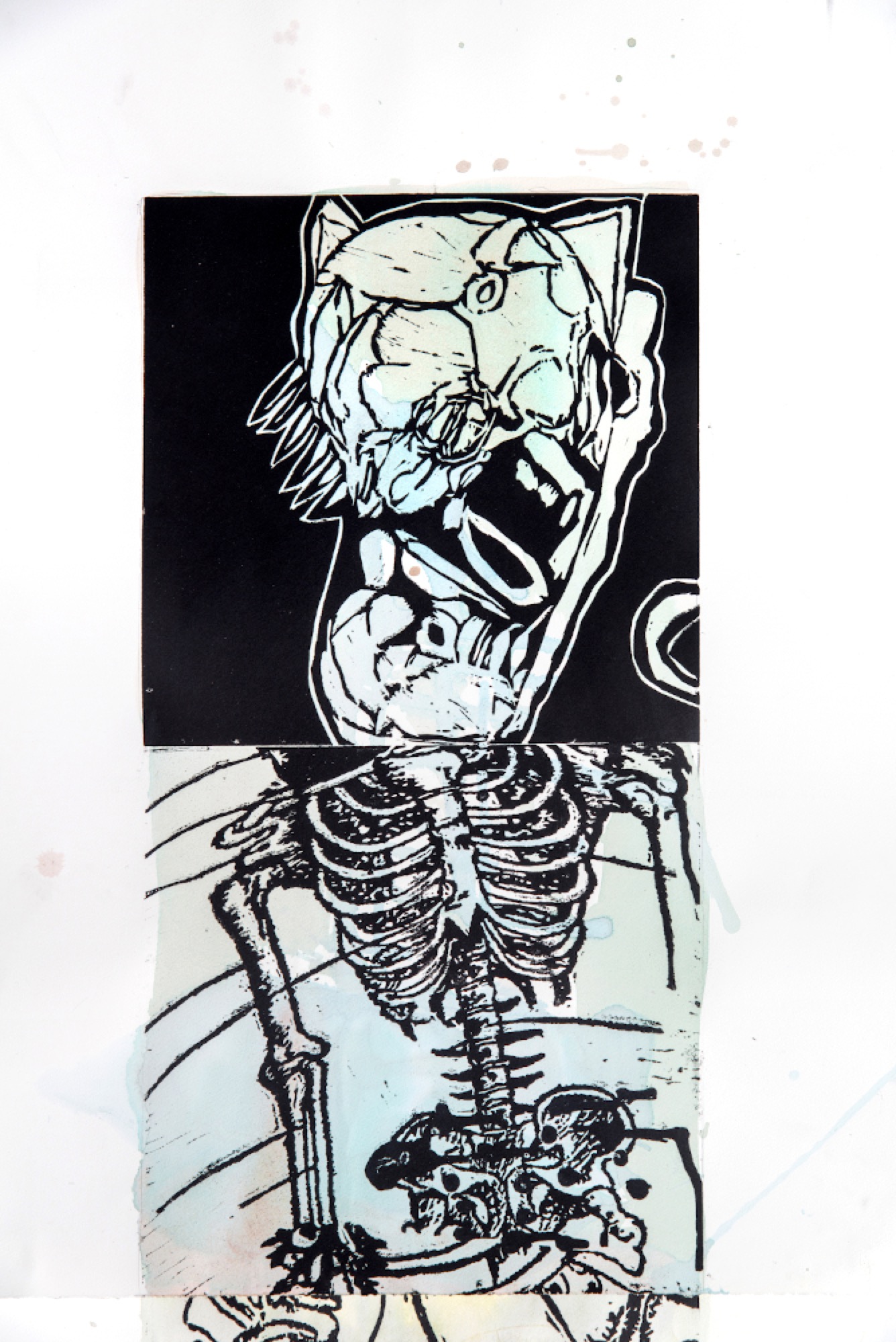 Bronwyn Hack and Heather Shimmen, <em>Exquisite Corpse</em>, 2019, lino cut on rag paper, unique print, 330 x 56 cm, detail.