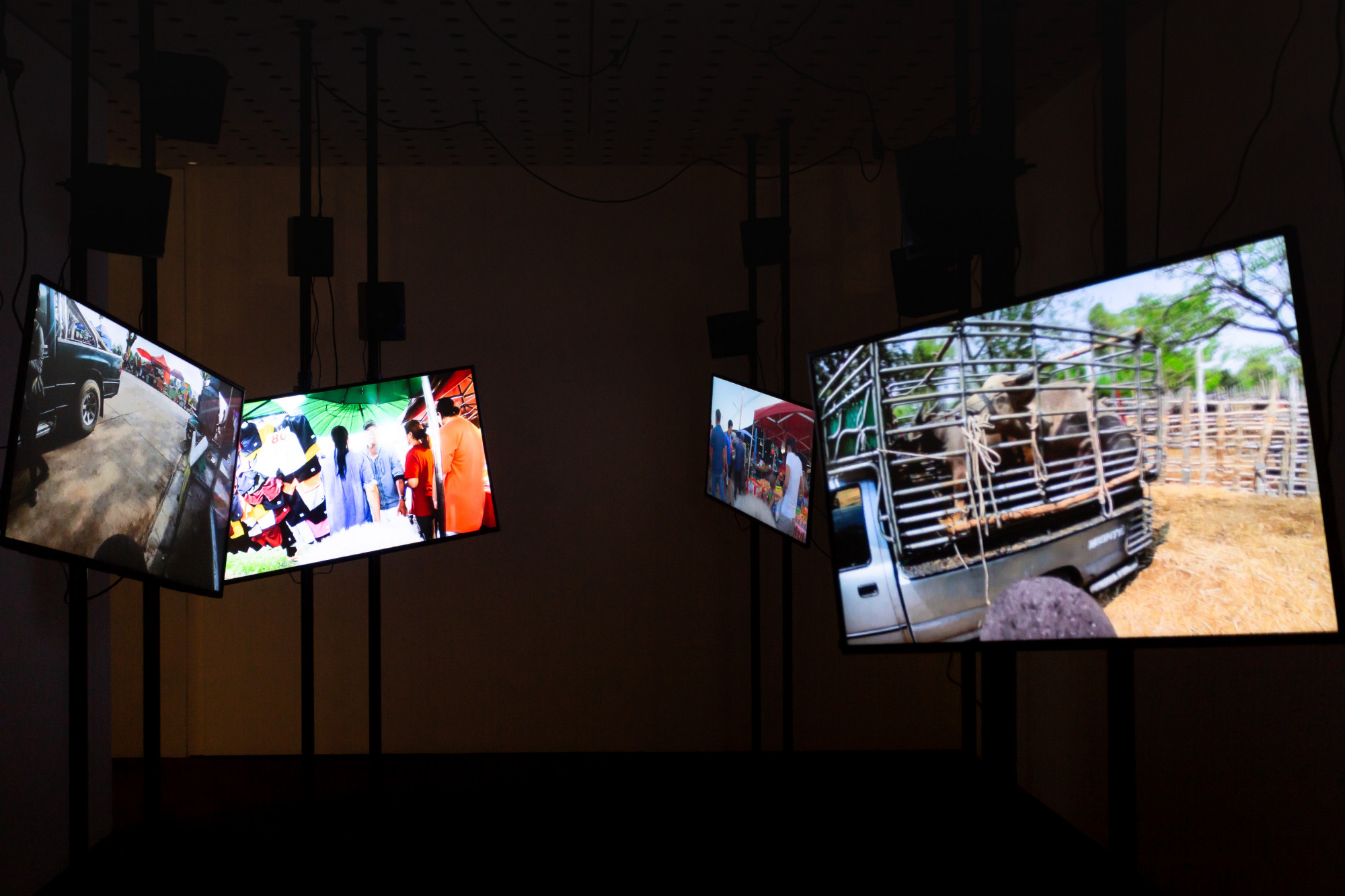 Detail of Arnont Nongyao, <em>Opera of Kard (Market)</em>, 2019, 6-channel video installation, 12-speaker sound installation, dimension variable, Centre for Contemporary Photography. Image courtesy of CCP. Photo: J Forsyth.
