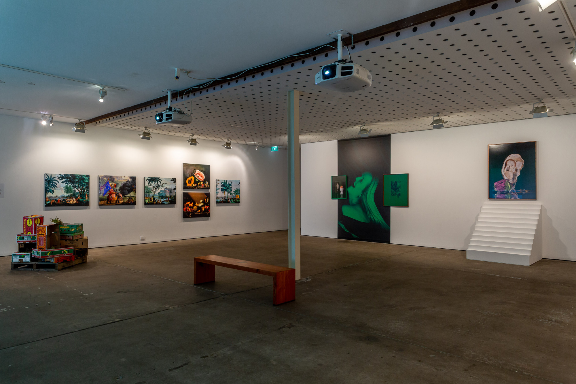 Installation view of Elia Nurvista, <em>Früchtlinge</em>, 2019, 6 prints on canvas, cardboard boxes and fruit, 100 x 80 cm each (prints) and dimension variable (installation) and Lauren Dunn, <em>Luxury Item no.13</em>, 2020, C type print, custom blackwood frame, museum glass, 98 x 130 cm, <em>Shopping for Eggs</em>, 2020, C type print, custom green frame, museum glass, 56 x 72 cm, <em>Sucked In</em>, 2020, C type print, custom blackwood frame, museum glass, 70 x 98 cm, <em>Effigy to the Image</em>, 2021, Mdf, plaster, paint, 120 x 120 x 120 cm, Rubberneck, 2021, plastic vinyl adhesive, dimensions variable, Centre for Contemporary Photography. Image courtesy of CCP. Photo: J Forsyth.