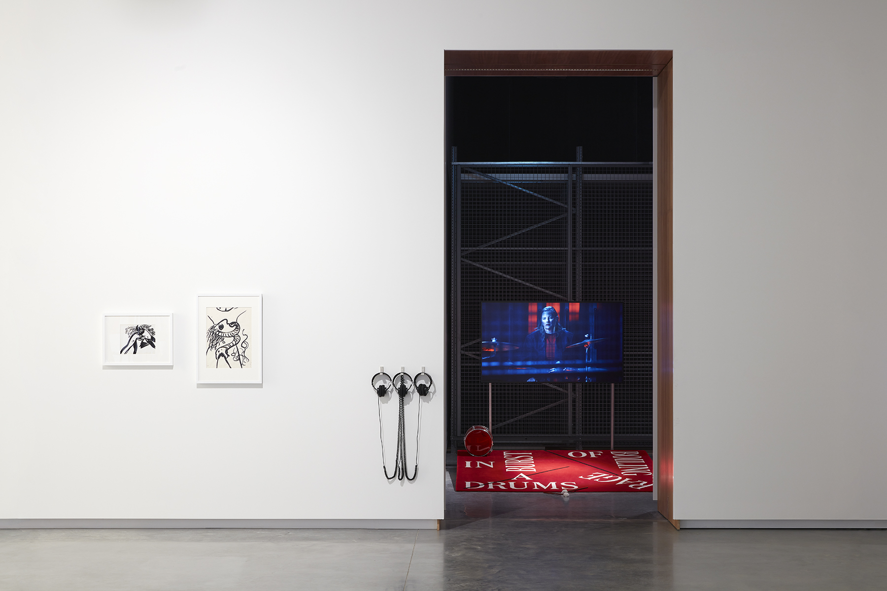 Tina Havelock Stevens,<em> Drums in a burst of boiling rage</em> (installation view), 2021, 100% New Zealand wool carpet, designed with Elliott Bryce Foulkes. Photo: Zan Wimberley
