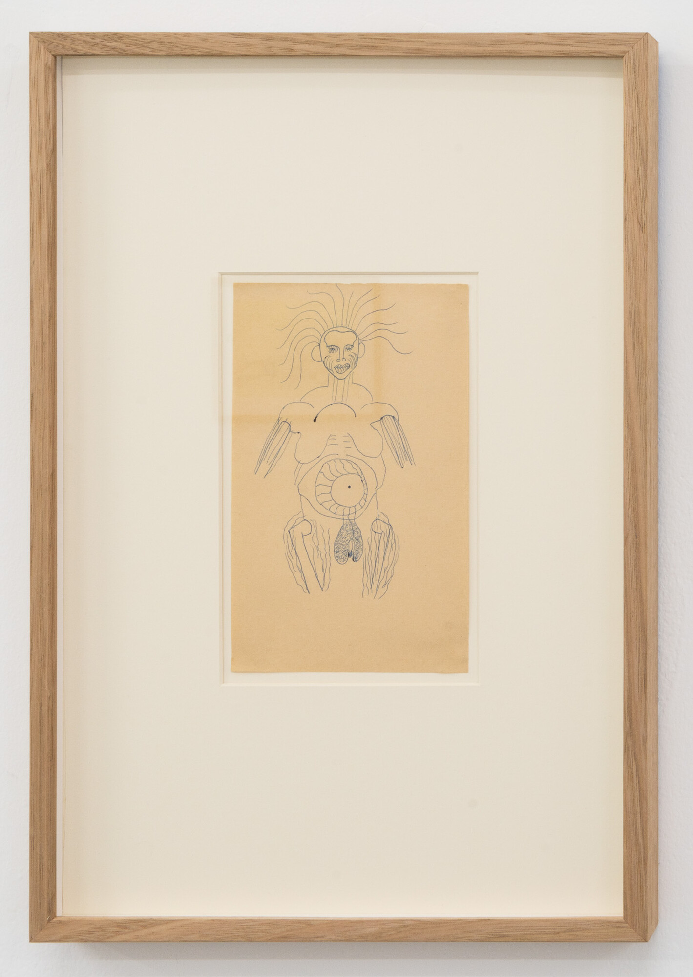 Vivienne Binns, No title (figure, striped cheeks, distended genitals, see-through thighs), 1965-6, biro on paper, 20.0 x 12.0 cm. Courtesy of the artist and Sutton Gallery.