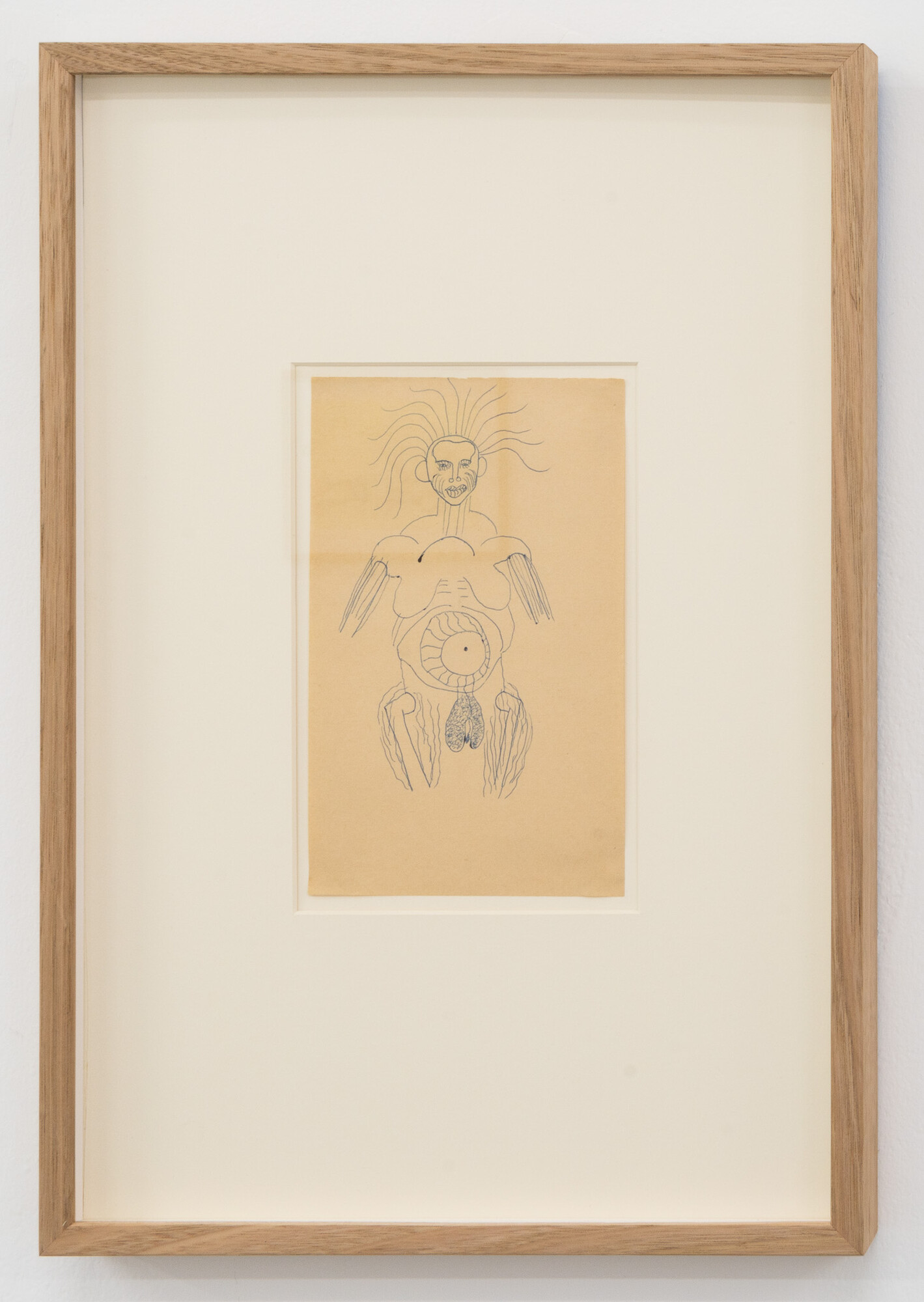 Vivienne Binns, No title (figure, striped cheeks, distended genitals, see-through thighs), 1965-6, biro on paper, 20.0 x 12.0 cm. Courtesy of the artist and Sutton Gallery.