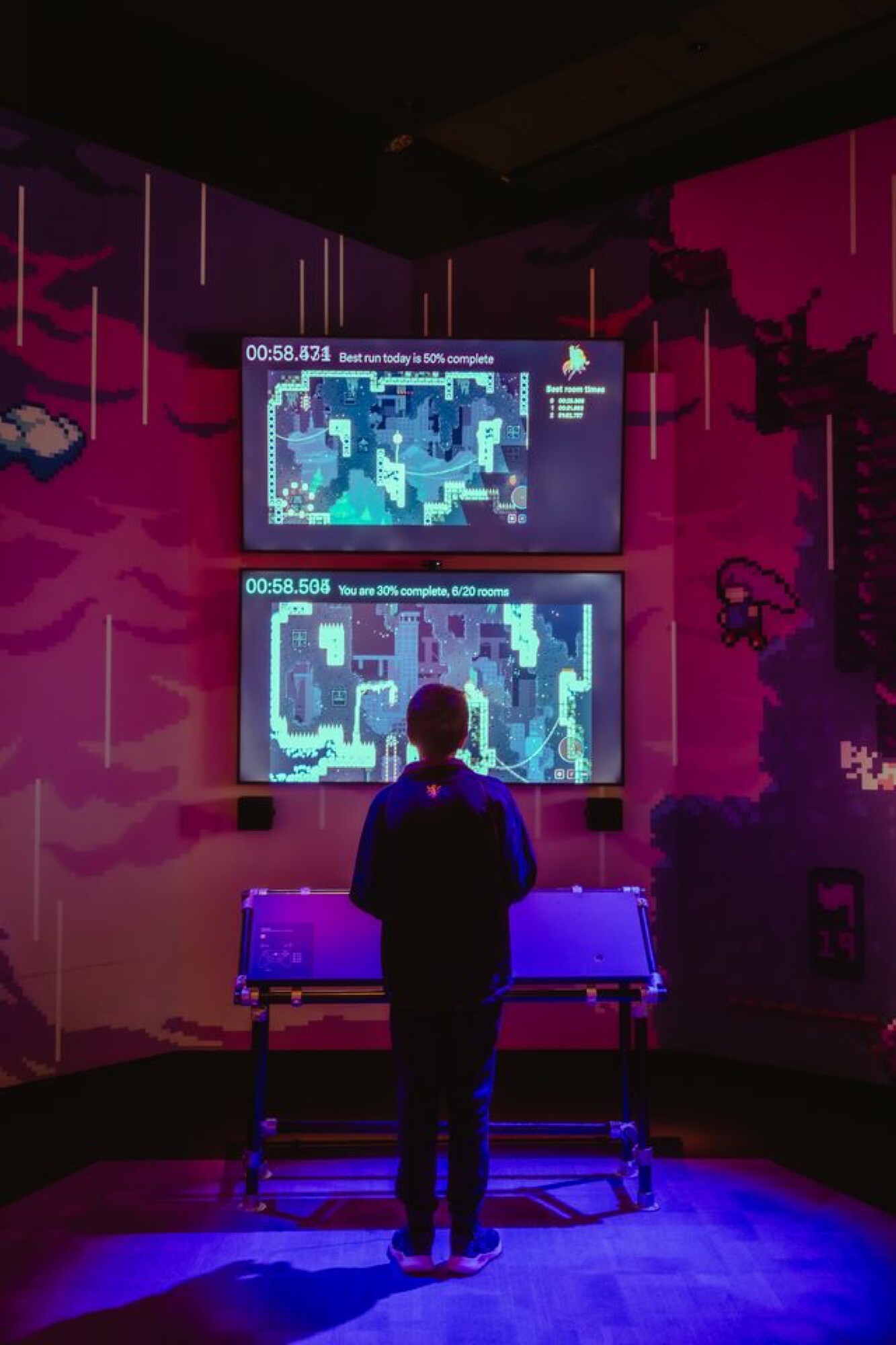 <p>Speedrunning Celeste, <em>Game Worlds</em>, ACMI, Melbourne. Photo: Matto Lucas</p>