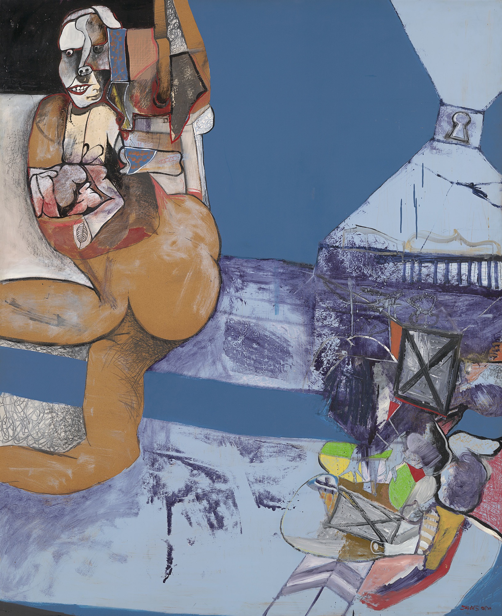 Gareth Sansom, <em>He sees himself</em>, 1964. Oil, enamel paint, pencil, crayon, polyvinyl acetate, chalk and gelatin silver photograph on composition board. 167.8 x 137.0 cm. National Gallery of Victoria, Melbourne. Presented by the National Gallery Society of Victoria, 1965. (1507-5) © Gareth Sansom/Administered by Viscopy, 2017