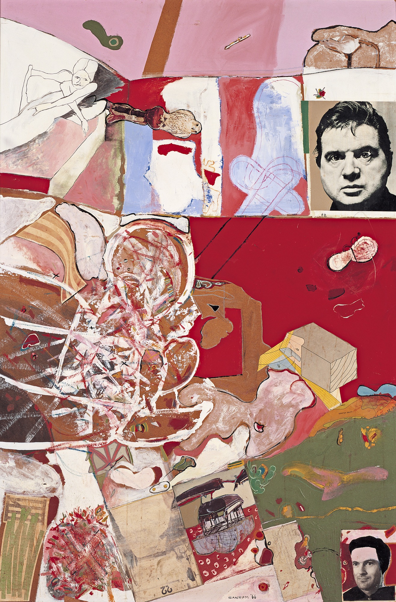 Gareth Sansom, <em>One of us must know</em>, 1966. Oil and enamel paint and collage of gelatin silver photograph, offset-photo lithograph and printed paper on composition board. 243.0 x 162.0 cm. Queensland Art Gallery, Brisbane. Purchased 1990 (1990.039) © Gareth Sansom/Administered by Viscopy, 2017