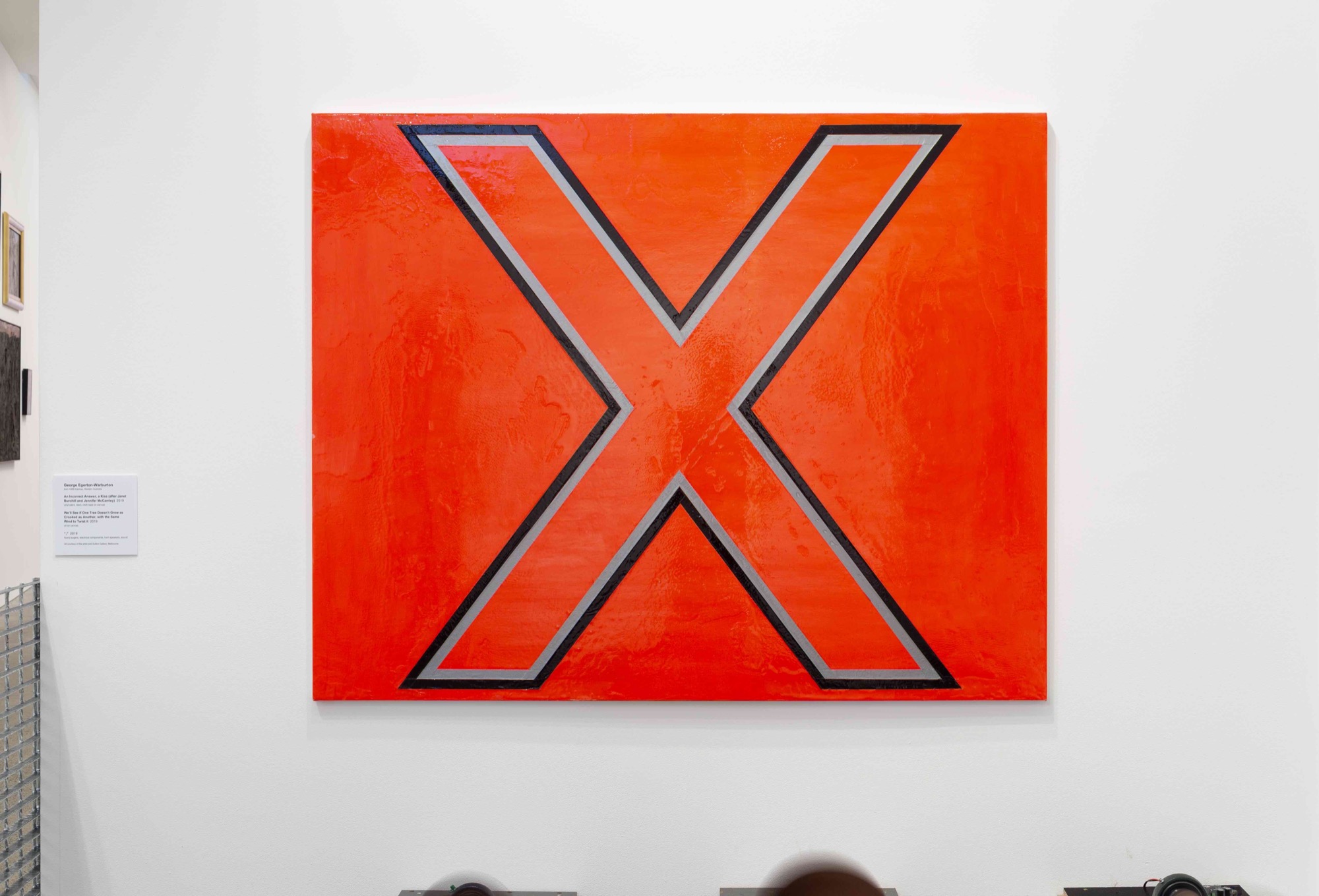George Egerton-Warburton, <em>An Incorrect Answer, a Kiss (after Janet Burchill and Jennifer McCamley)</em>, 2019, vinyl paint, resin, cloth tape on canvas, 120 x 150 cm, Courtesy of the artist and Sutton Gallery, Melbourne.