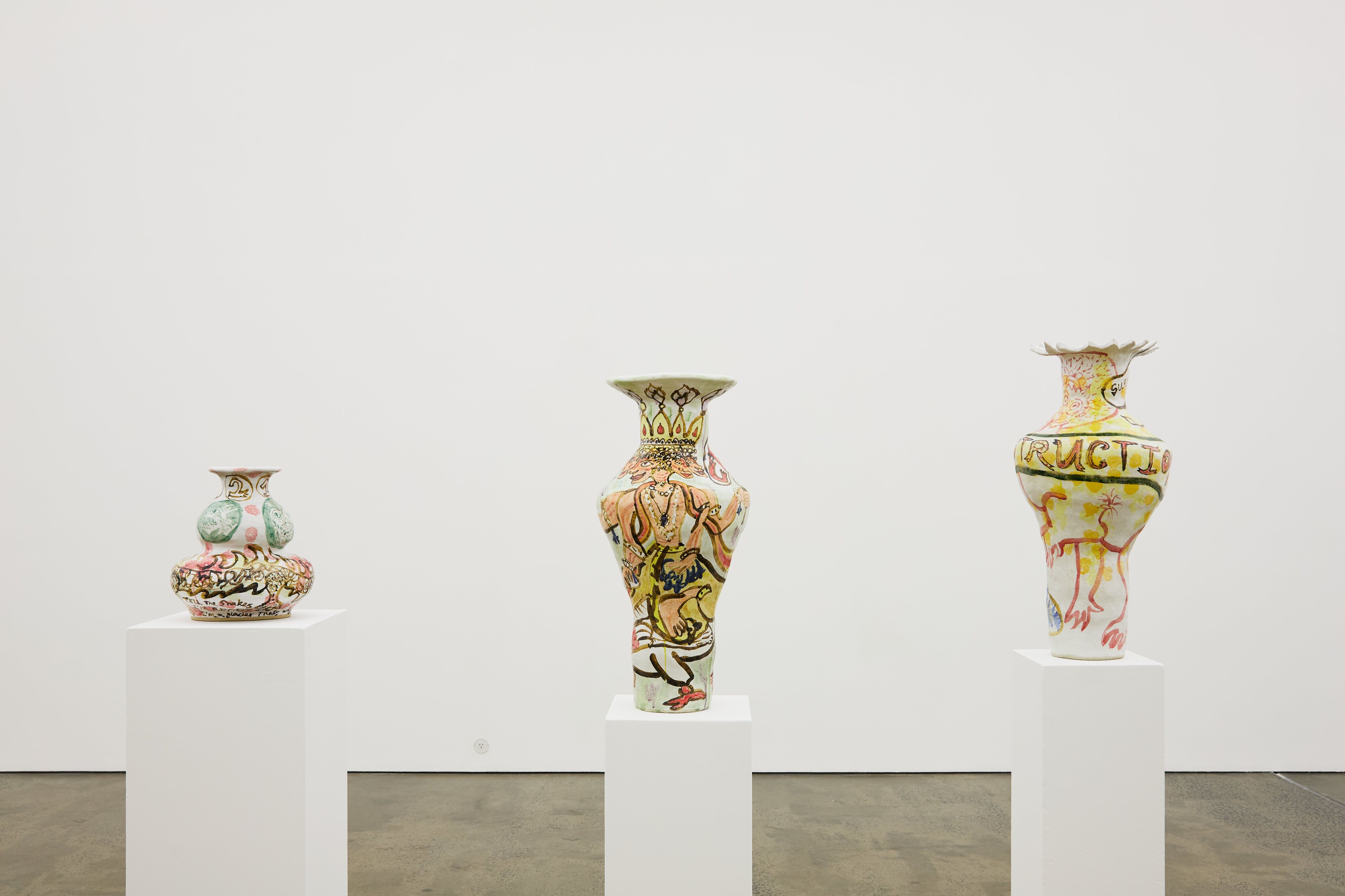 <p>Georgia Morgan, left to right: <em>“Snakes” the Sentinel</em>, 2026, 34 x 32 x 31 cm, <em>&nbsp;Creation through Resistance (Eternal Feedback Loop #1), </em>2026, 69 x 37 x 38 cm, and&nbsp; <em>Destruction through Surrender (Eternal Feedback Loop #2)</em>, 2026, 66 x 35 x 37 cm. Each stoneware, glaze, oxides. Installation view, <em>I Found a Marble and My Life Changed Forever</em>, Neon Parc Brunswick, Narrm/Melbourne, 2026. Photo: Hamish Macdonald.</p>