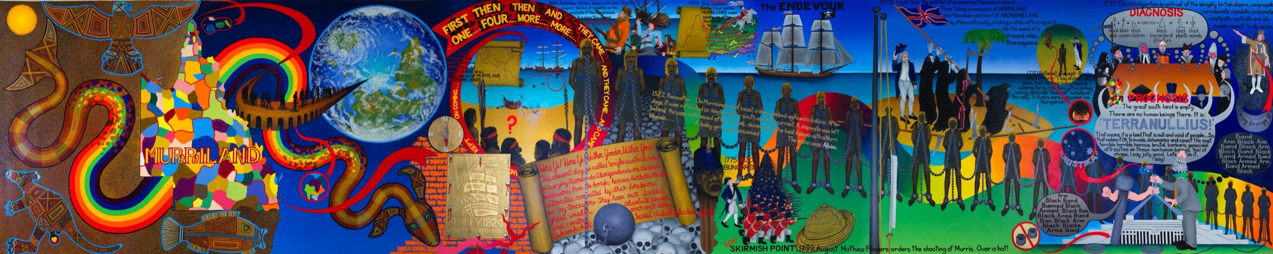 Gordon Hookey, <em>Murriland! #1</em>, 2015-2017. Oil on canvas, 210 x 1000 cm. Collection: HOTA Gallery, Gold Coast. Photo: Carl Warner. © Gordon Allan Hookey / Copyright Agency, 2022
