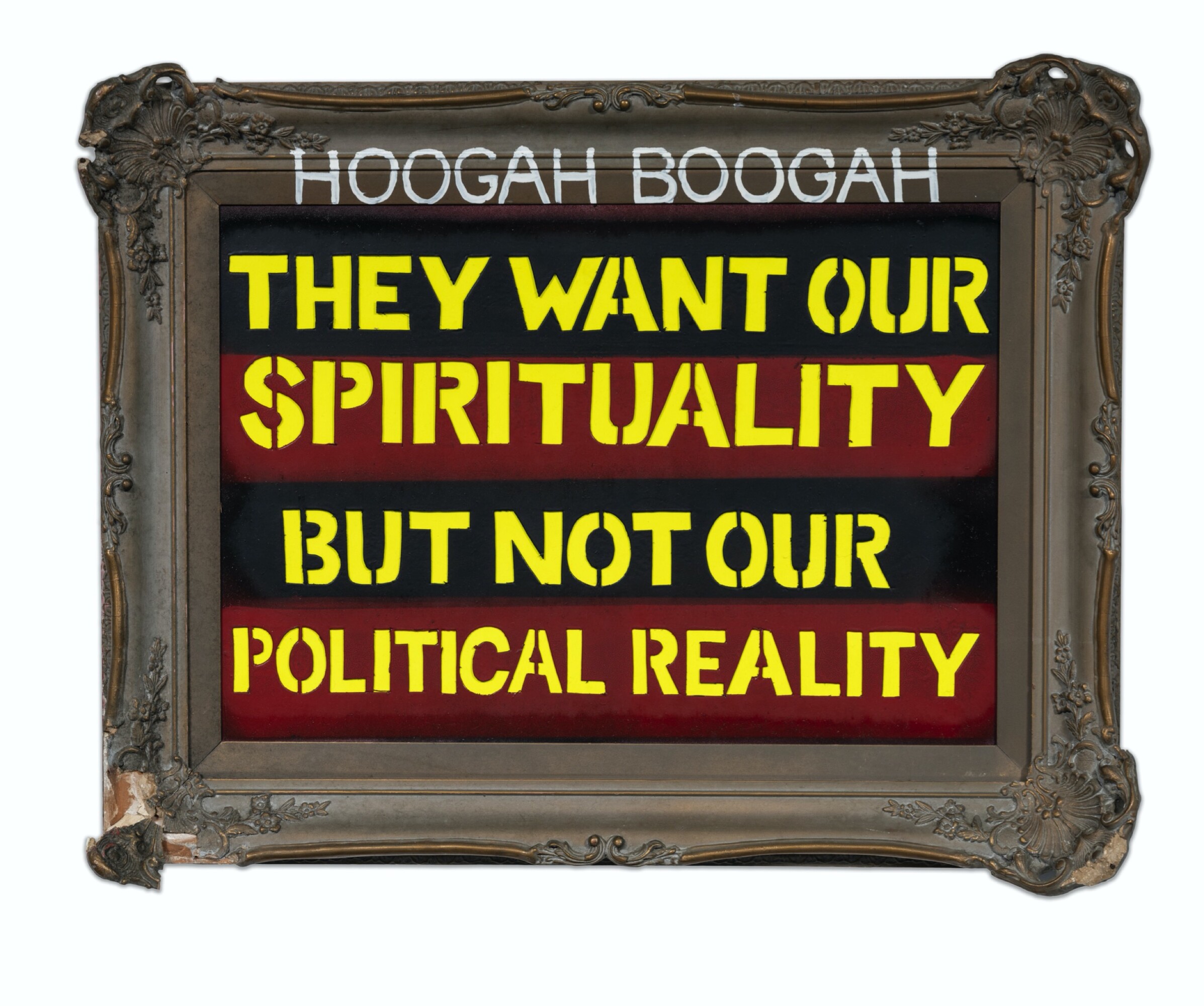 Gordon Hookey, <em>hoogah boogah</em>, c.2005. Card and paint stencil, 76 x 62 cm. Courtesy of the artist and Milani Gallery, Brisbane. Photo: Carl Warner. © Gordon Allan Hookey / Copyright Agency, 2022.