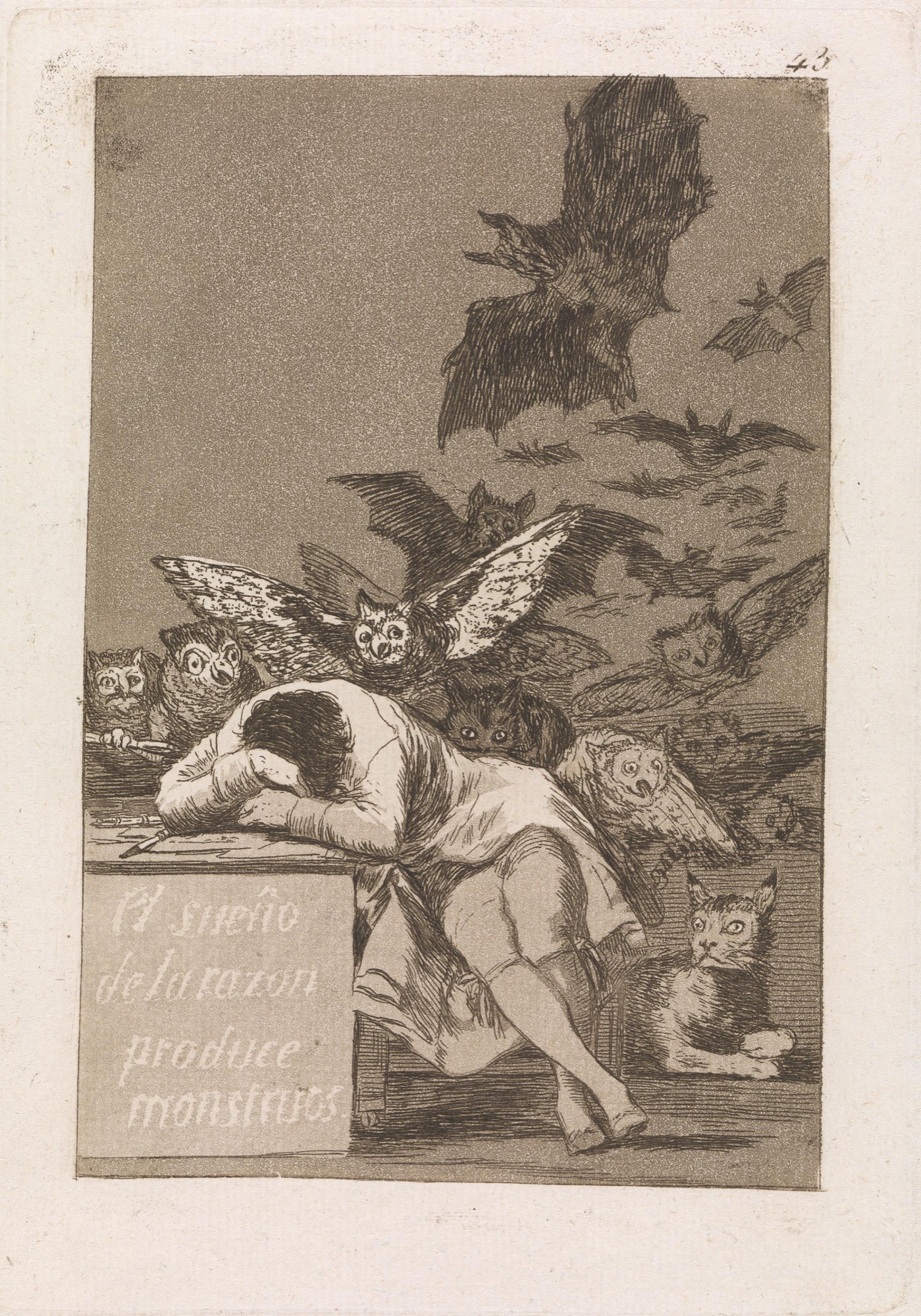 Francisco Goya y Lucientes, <em>The sleep of reason produces monsters (El sueño de la razón produce monstruos)</em>, plate 43 from <em>Los Caprichos (The Caprices)</em> series (1797–98), published 1799.
