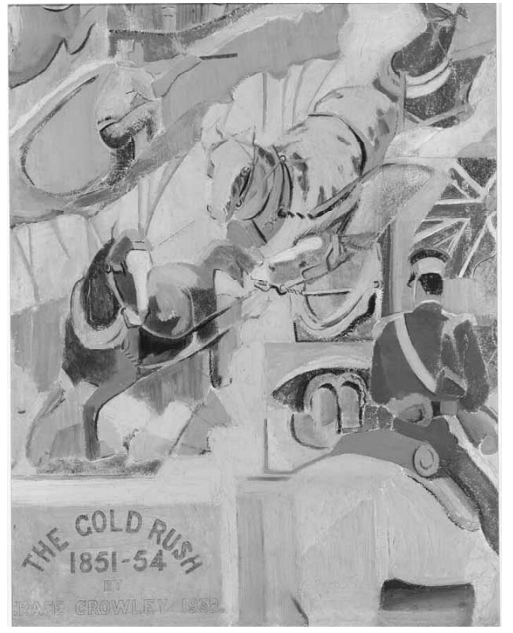 <p>Grace Crowley, <em>The Gold Rush</em> <em>1851-54</em>, 1938. Oil over pencil on cardboard, 60.2 x 47 cm, private collection. </p>