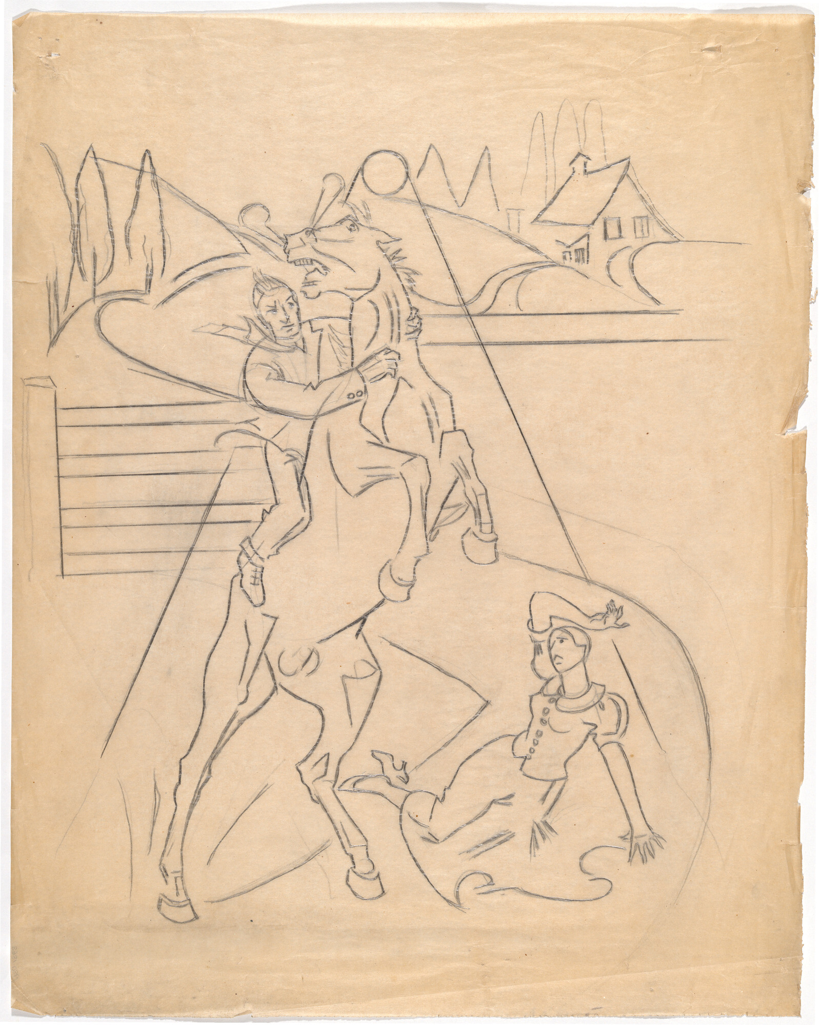 <p>Grace Crowley, <em>not titled (Male figure on rearing horse and female figure on ground),</em> c. 1937. Drawing in pencil, 43.2 x 34 cm, National Gallery of Australia, Canberra.</p>