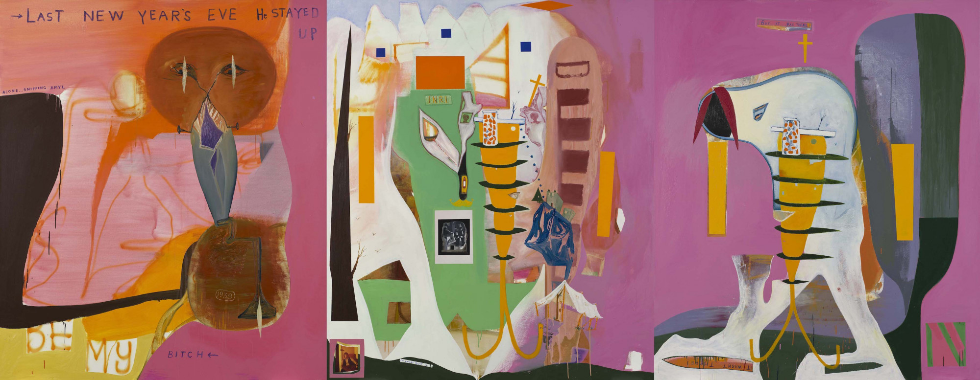 Gareth Sansom, <em>Sweeney Agonistes</em>, 2005, oil, enamel and collage on linen, triptych: 213 x 549cm (overall), collection: Queensland Art Gallery | Gallery of Modern Art. The James C. Sourris AM Collection. Gift of James C. Sourris AM through the Queensland Art Gallery Foundation 2012, donated through the Australian Government’s Cultural Gifts Program.