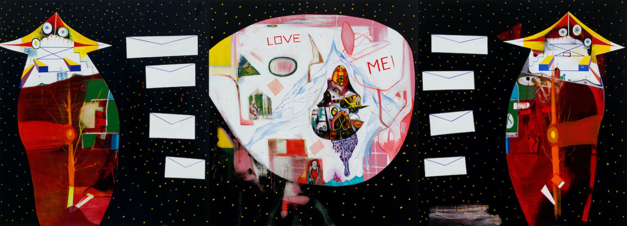 Gareth Sansom, <em>Guardians of the Galaxy (a Science Fiction)</em>, 2020, oil, enamel and collage on linen, triptych: 183.0 x 510.0 cm. Courtesy the artist and STATION.