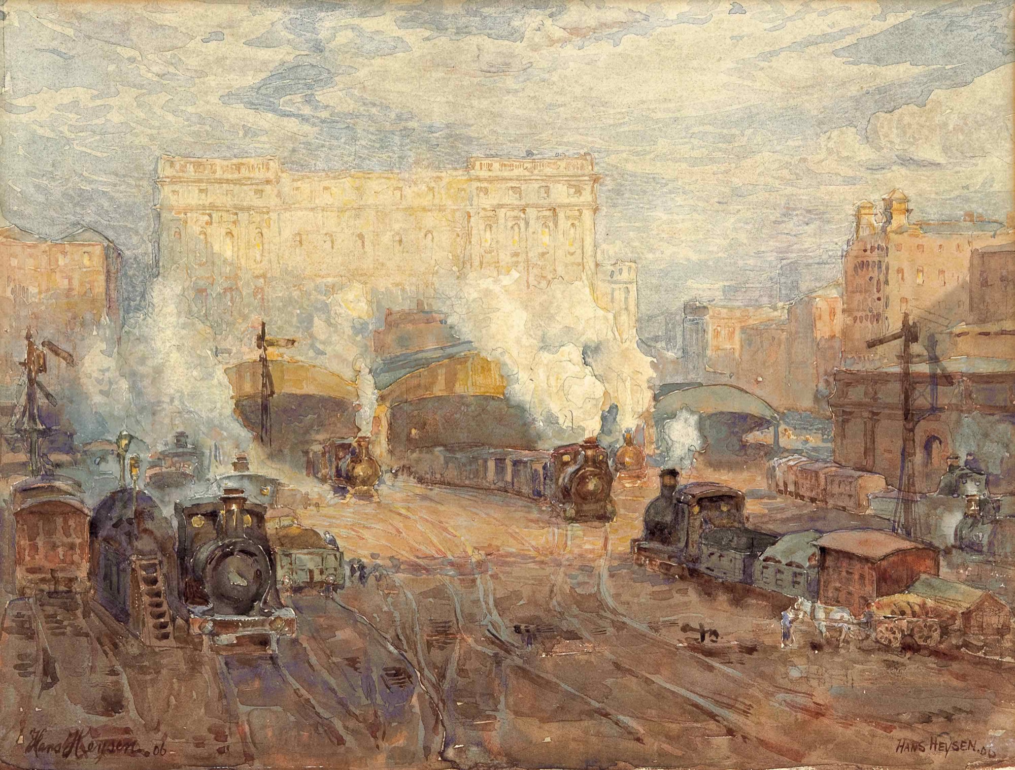 Hans Heysen , <em>Adelaide Railway Station</em> 1906 watercolour, 26.7 x 35.6 cm, Art Gallery of South Australia, Adelaide Elder Bequest Fund 1948 © C Heysen.