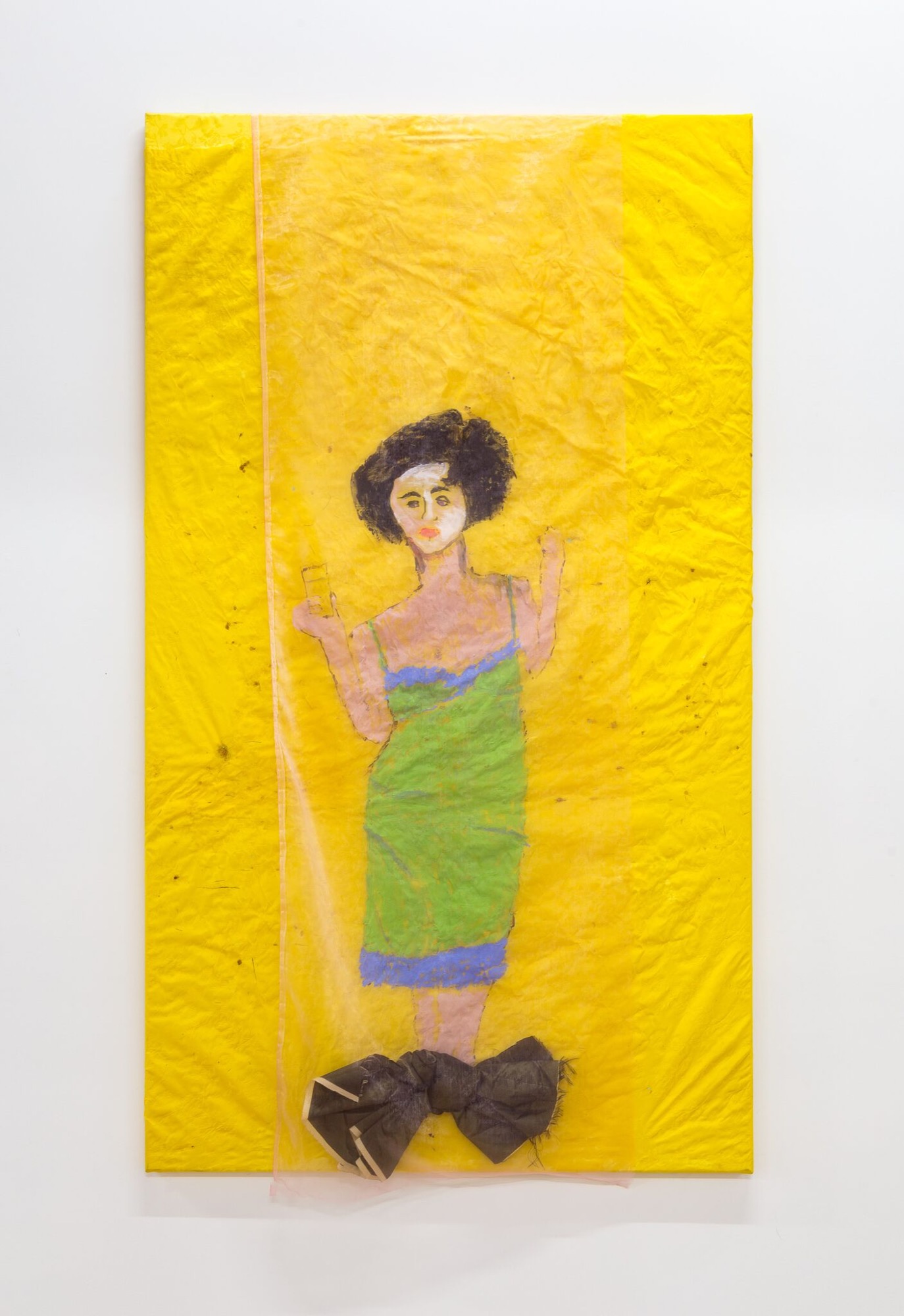 Jenny Watson, <em>Elizabeth Taylor in &#39;Butterfield 8&#39; on Buttercup Yellow</em>, 2011, Liquitex acrylic on silk, organza overlay, shantung bow. Courtesy the artist and Anna Schwartz Gallery, Melbourne. Photo: André Piguet.