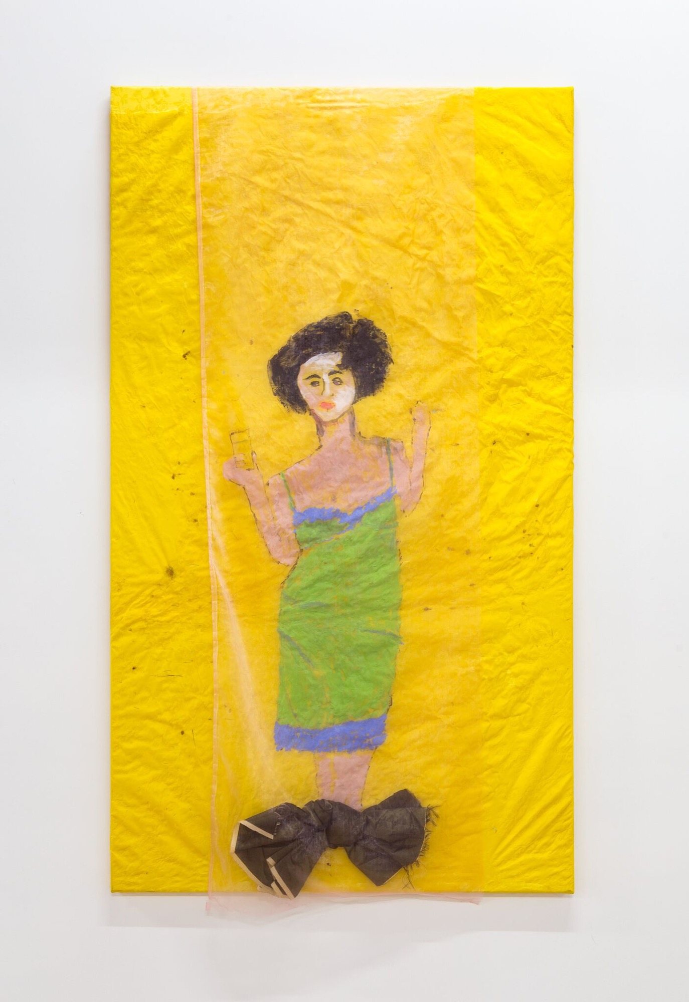 Jenny Watson, <em>Elizabeth Taylor in 'Butterfield 8' on Buttercup Yellow</em>, 2011, Liquitex acrylic on silk, organza overlay, shantung bow. Courtesy the artist and Anna Schwartz Gallery, Melbourne. Photo: André Piguet.