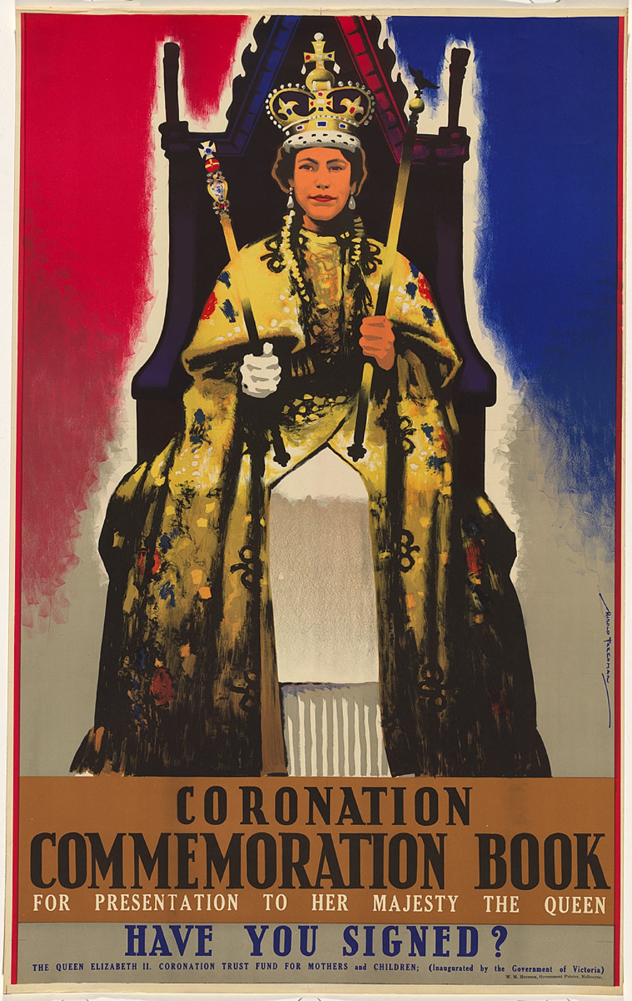 <em>Coronation Commemoration Book – Have you signed?</em>, 1953, off-set lithograph, printed in colour inks, from seven plates, 100.0 x 62.5 cm (printed image and text), Collection: National Gallery of Australia, Canberra