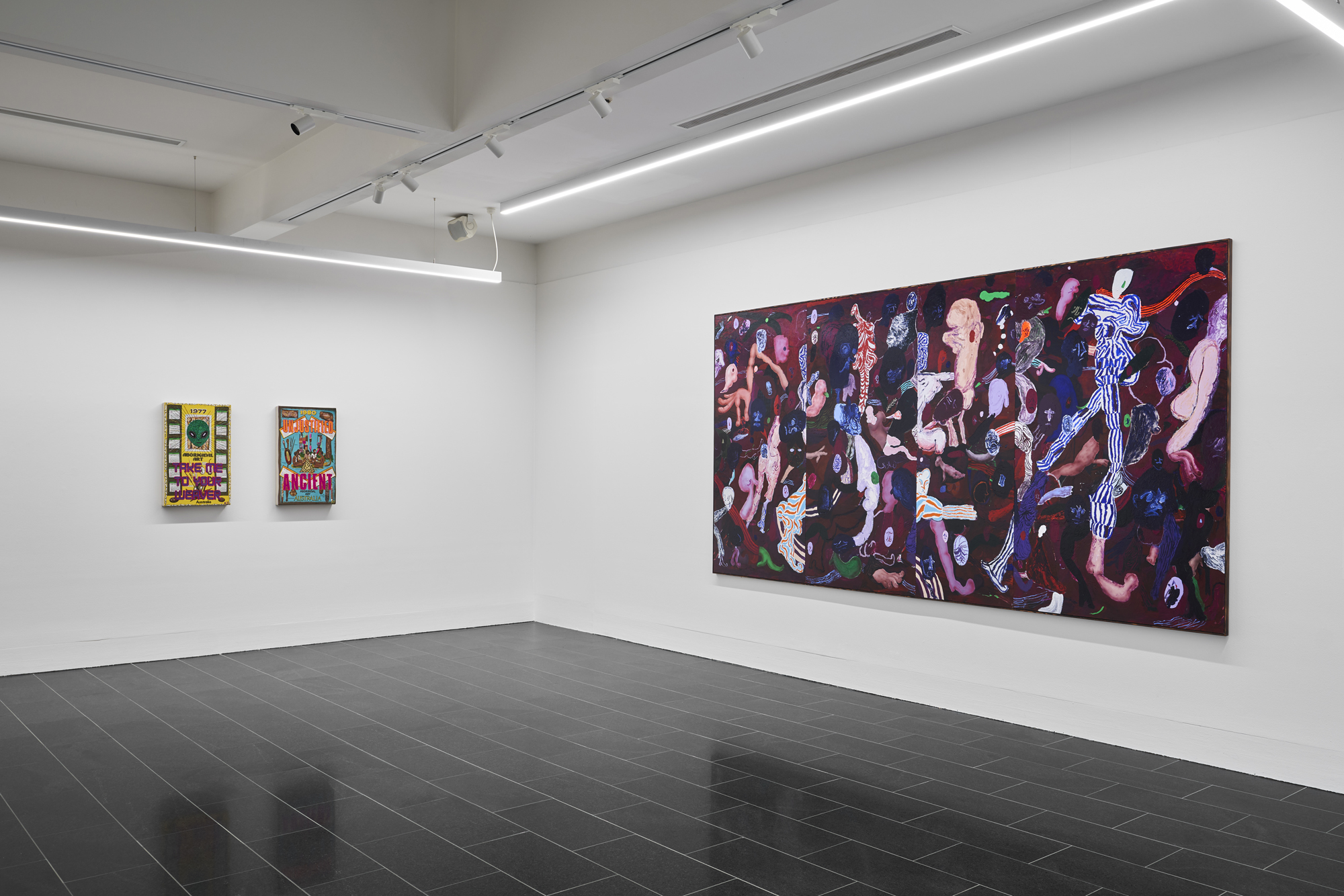 Kait James, <em>Take me to your weaver</em> 2022, Kait James, <em>Unjustified & ancient</em> 2022, Nick Modrzewski, <em>Homo Sacer</em> 2023. Installation view of <em>Homo sacer: life unlawed</em>, La Trobe Art Institute, Bendigo, 2023. Photo: Leon Schoots