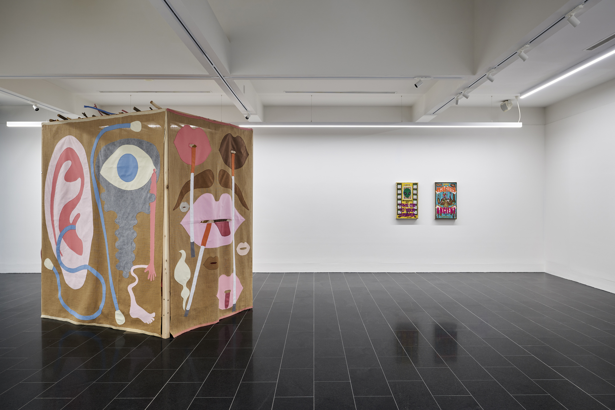 Jonathan Baldock, <em>My biggest fear is that someone will crawl into it </em>2017, Nick Modrzewski, <em>Homo Sacer</em> 2023. Installation view of <em>Homo sacer: life unlawed</em>, La Trobe Art Institute, Bendigo, 2023. Photo: Leon Schoots