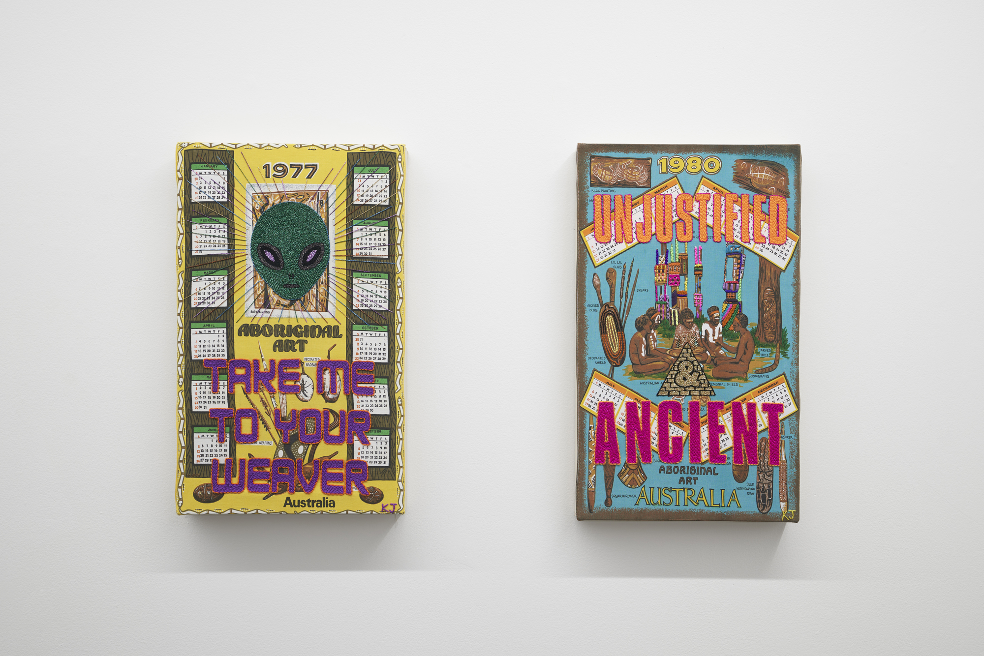 Kait James, <em>Take me to your weaver</em> 2022, wool, metallic yarn and cotton on printed cotton, 75 x 46.5 x 7 cm. Kait James, <em>Unjustified & ancient</em> 2022, wool, metallic yarn and cotton on printed cotton, 75 x 46.5 x 7 cm. Photo: Leon Schoots