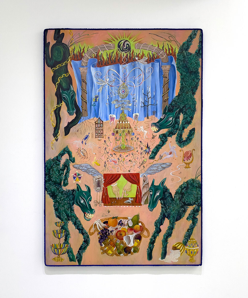 <p>Matilda Davis, <em>‘Every Saint has a past, every Sinner has a future’</em>, 2023, Oil on canvas and board, 180 x 120 cm. Courtesy of the artist and FUTURES</p>