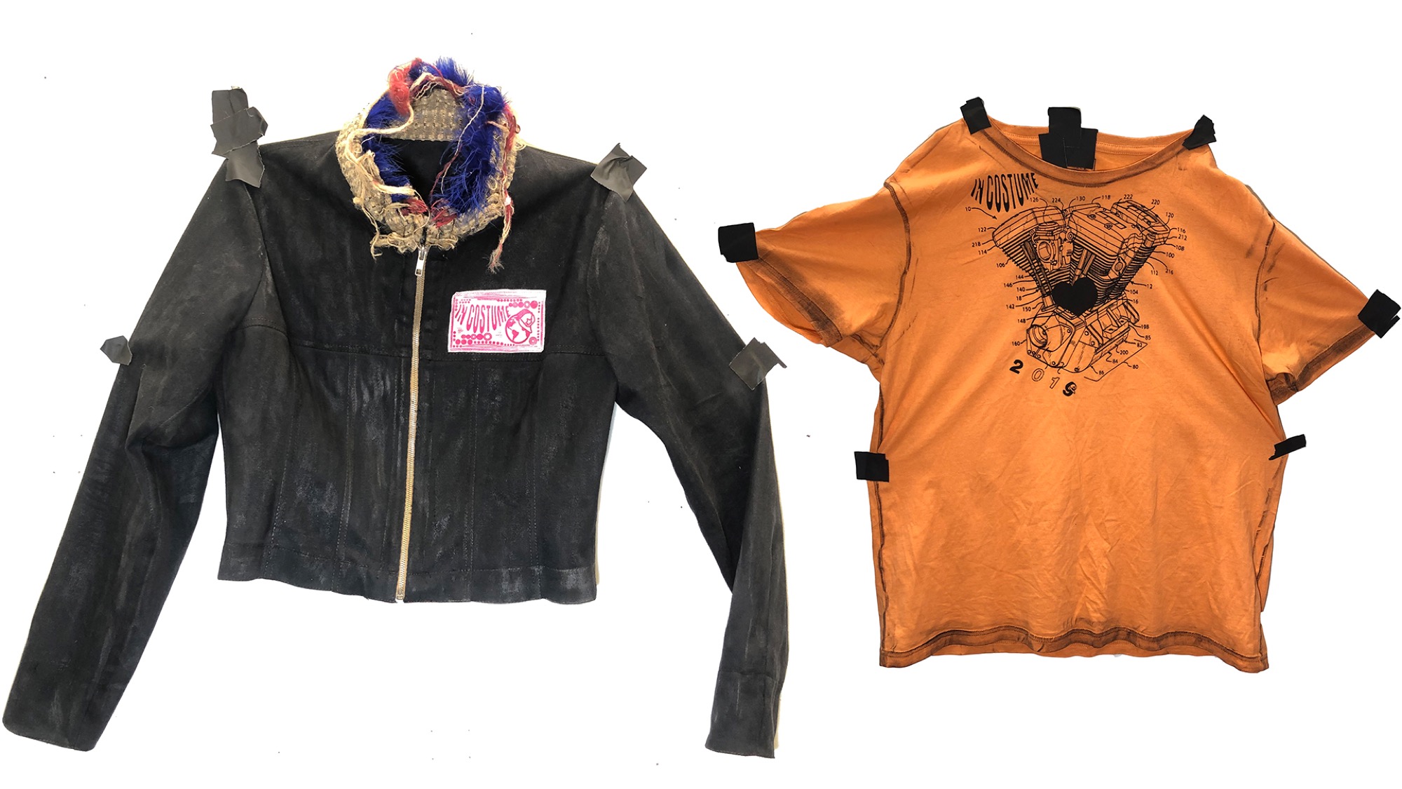 (Left) Brendan Morris, Waxed Jacket, 2019, cotton, silk, suede, feather. Image courtesy of artist. (Right) Brendan Morris, Commemorative ‘Label Launch’ Shirt, 2019.Image courtesy of artist.