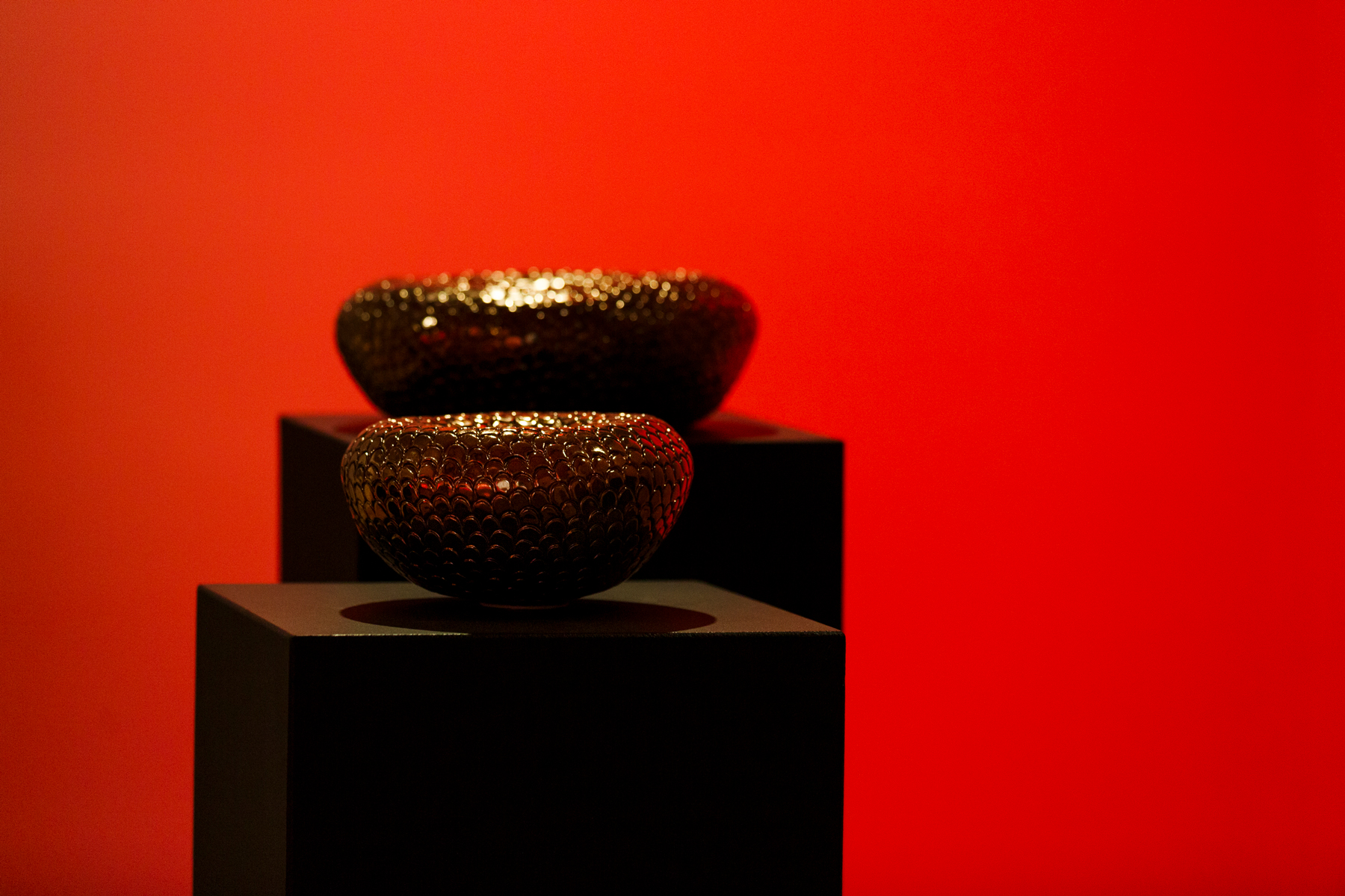 Installation view of Claire Bridge, <em>The Unfolding</em> and <em>Thousand Petal Lotus</em>, 2022, Glazed Stoneware Ceramic. Incinerator Gallery, Photo: Gianna Rizzo
