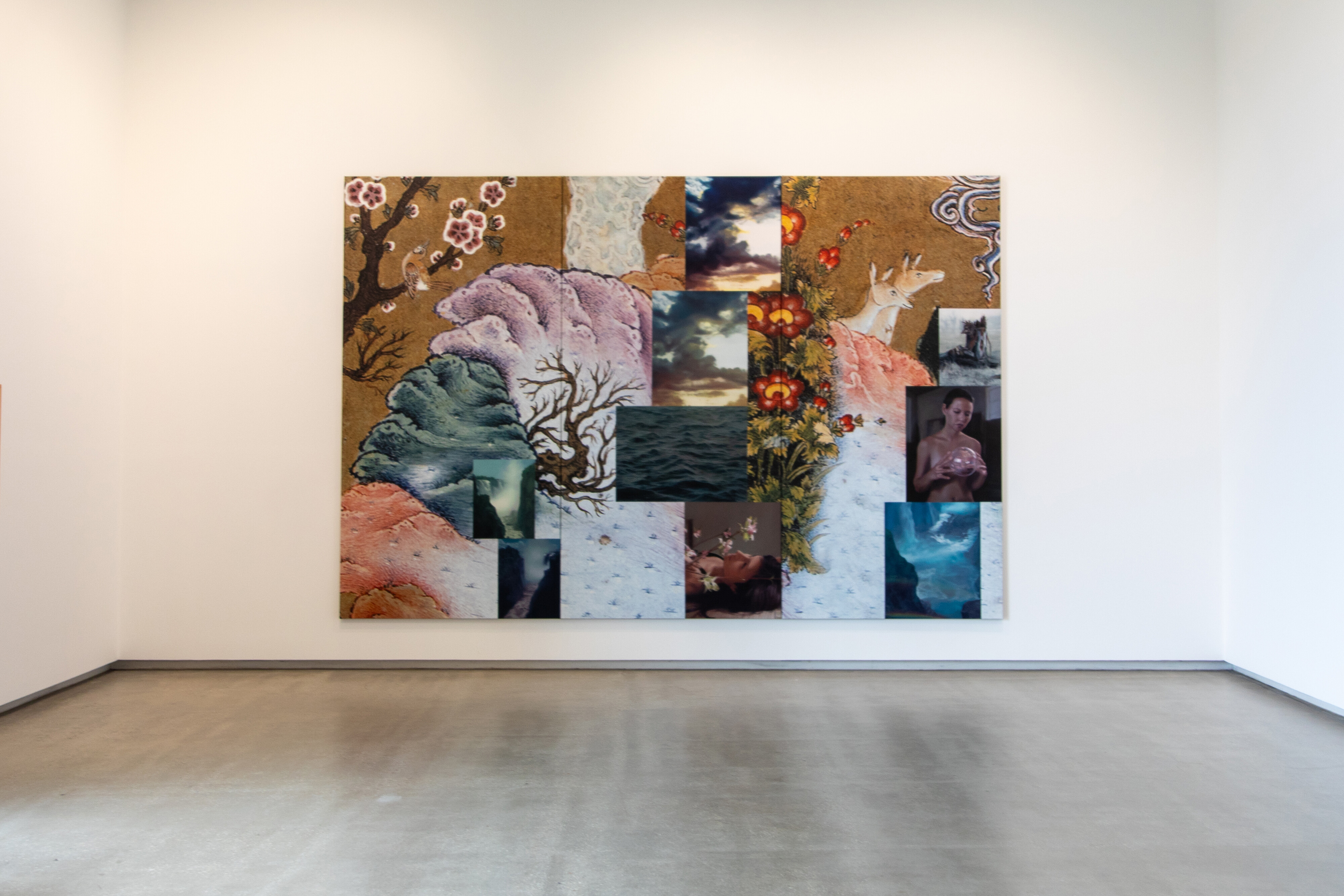 <p>John Young, <em>Transculture, Colourful Beast</em>, 2003, digital print and oil on linen, 3 panels, 300 x 445.5 cm overall. Photo: Craate Creative for TarraWarra Museum of Art.</p>