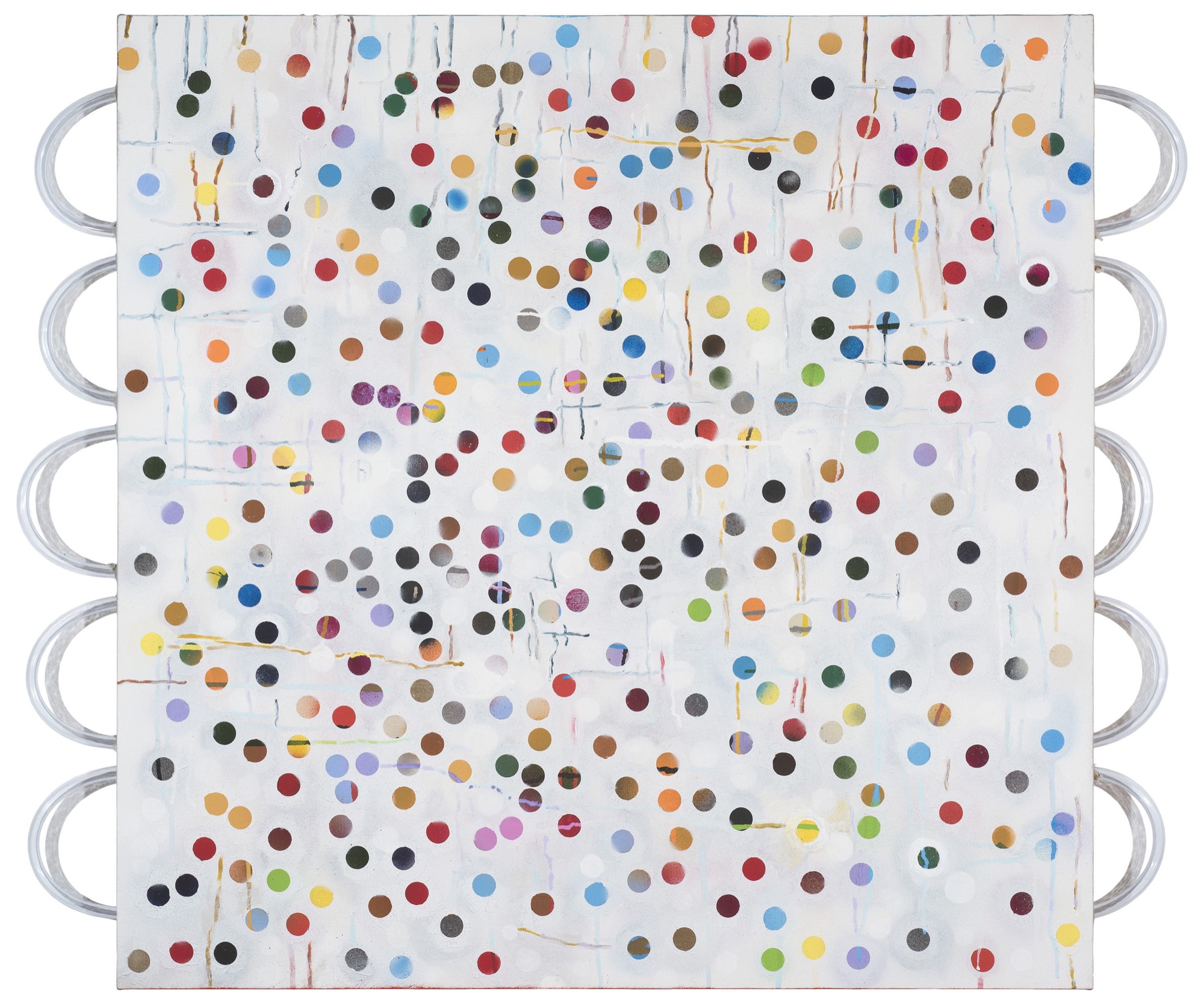 Vivienne Binns, <em>Made in the Process of This Moment Then,</em> 2015, acrylic  on canvas and plastic tubing, 100 x 119cm.